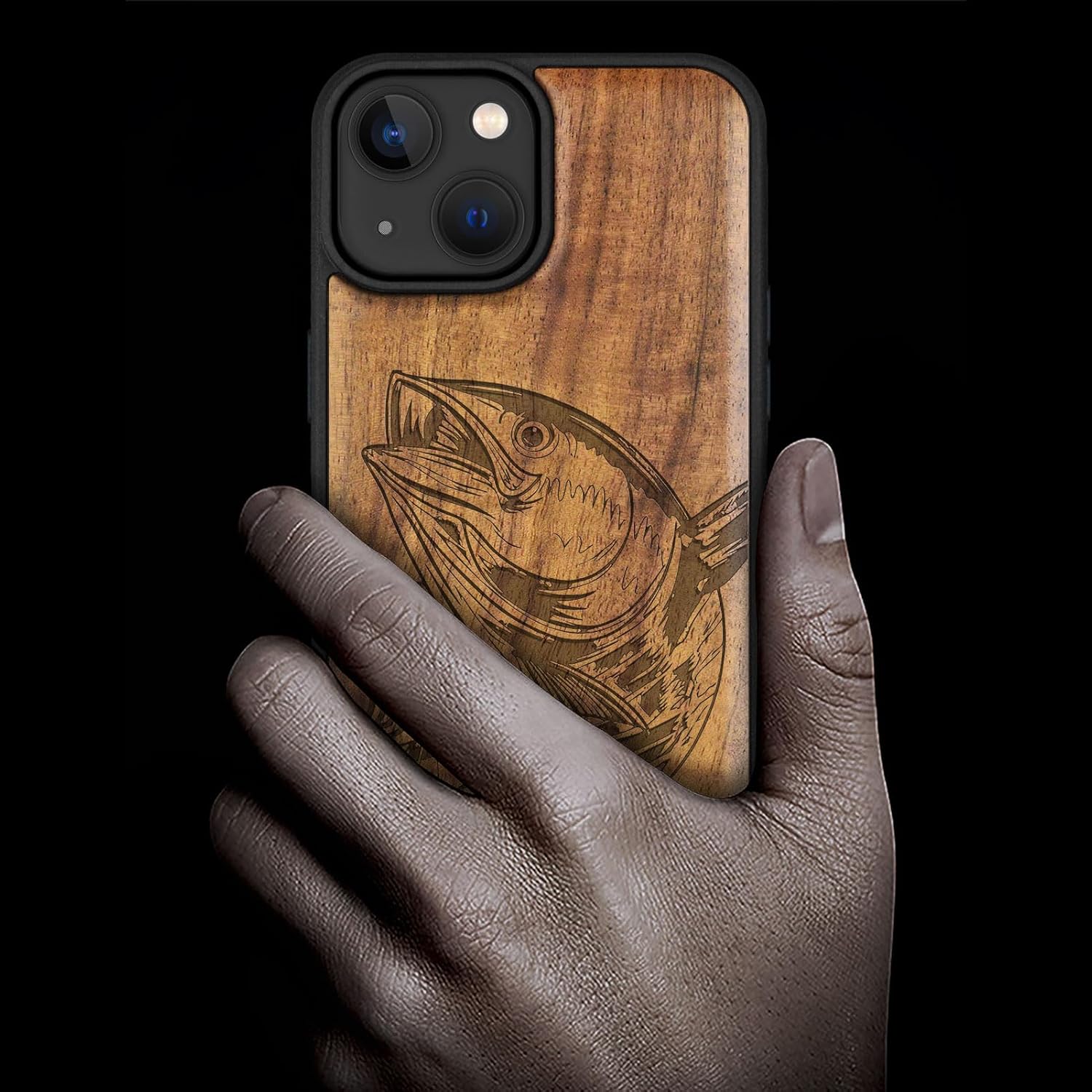 Carveit Magnetic Wooden Case for iPhone 15 Case, Compatible with MagSafe Wireless Chargers, Black Soft TPU Shockproof Cover & Wood Artisan Engraved (The Tuna's Soar) - Walnut