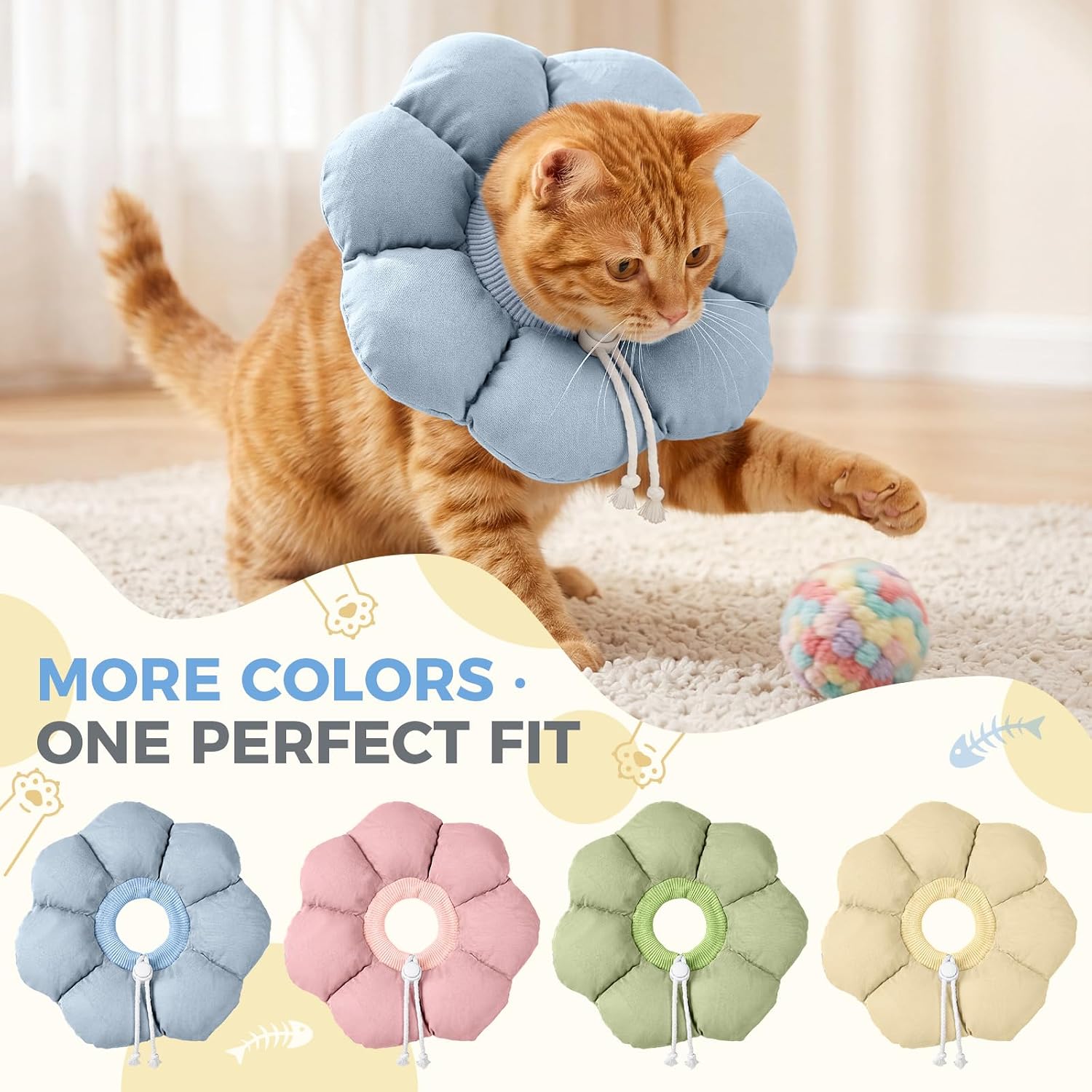 Avont Soft Cat Cone S Grayishblue Post-Surgery Anti-Lick Adjustable | Grayishblue S, Neck 5.9-9.8", Anti-Lick, Breathable, Lightweight, Soft Cotton, Adjustable Drawstring