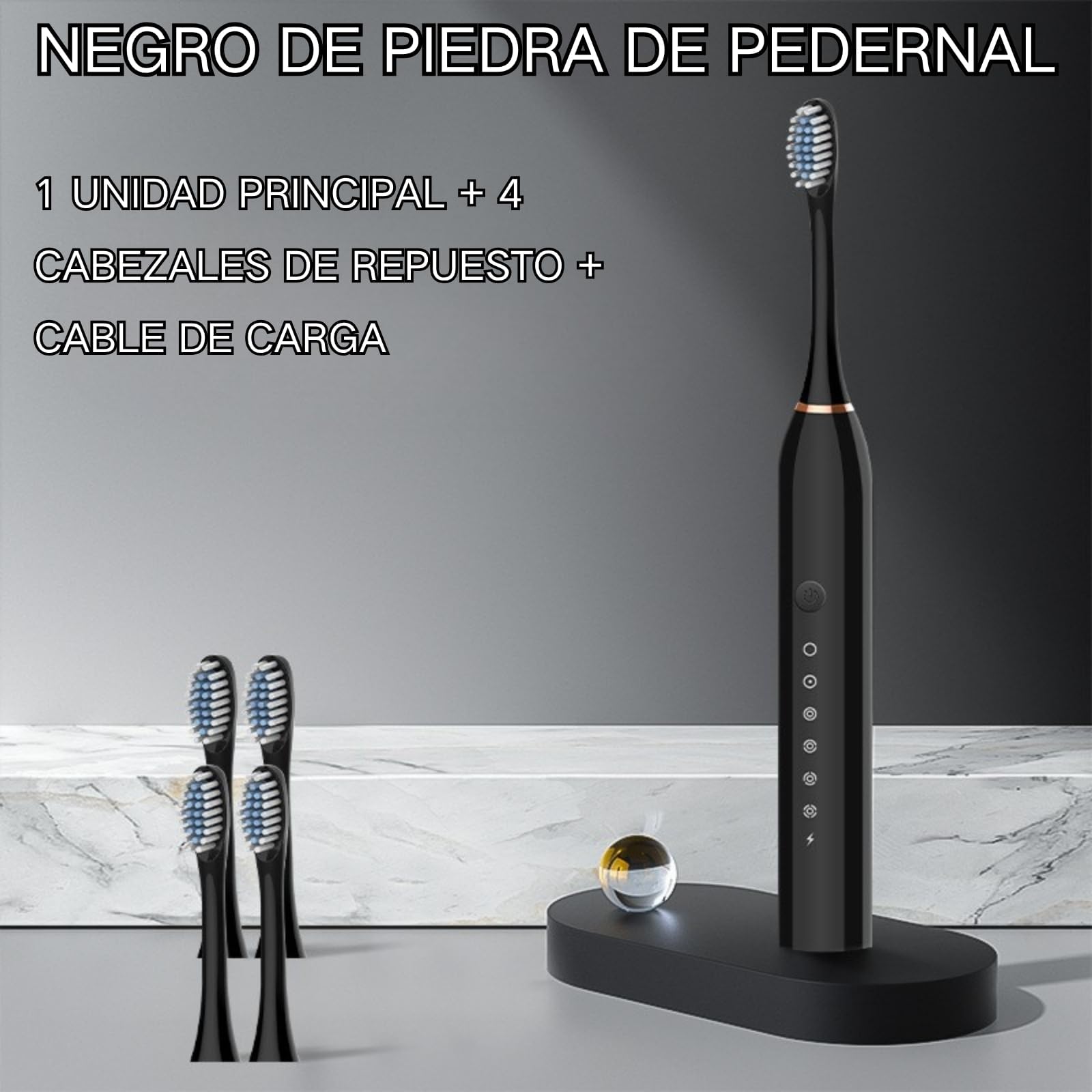 Cepillo Eléctrico de Dientes Recargable Portátil, 6 Modos Ajustables 4 Cabezas de Repuesto, Impermeable IPX7, Compatible con Adultos y Niños, Color Negro, Ideal para Hogar y Viaje