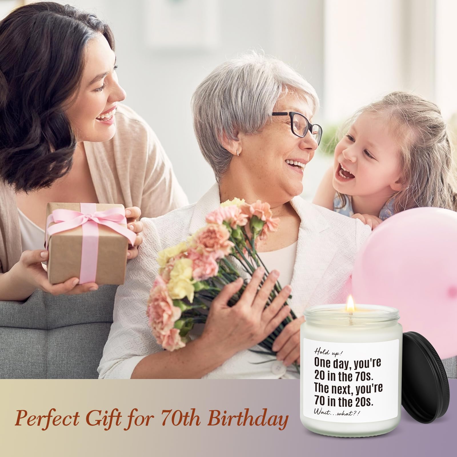 70th Birthday Gifts for Women, Men, 70th Birthday Gift, Gifts for 70 Year Old Woman, Happy 70 Year Old Bday Candle 7oz Soy Wax Lavender & Woods Scented