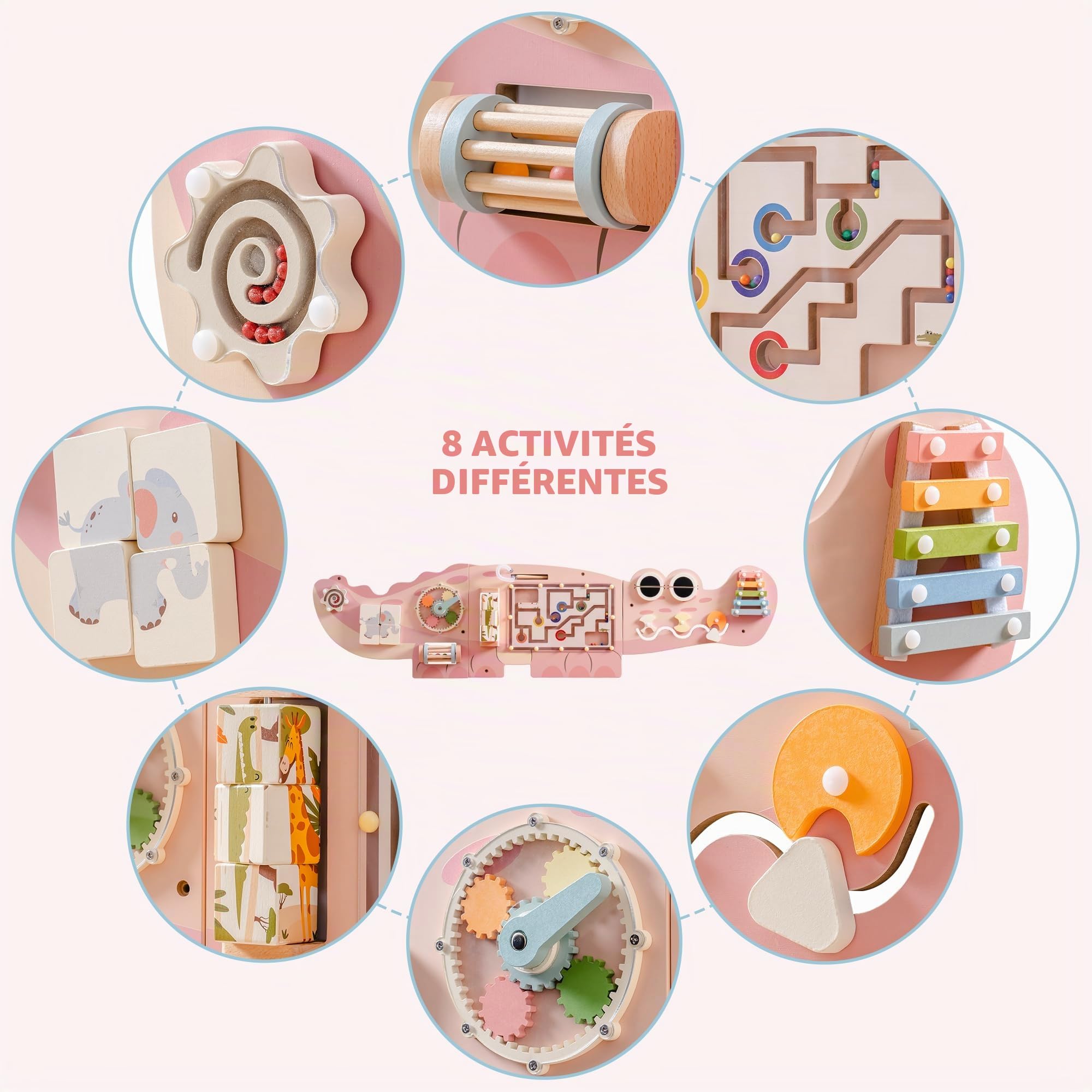 ROBUD Planche d'activités Montessori 8 en 1 Planche murale en bois Labyrinthe de perles magnétiques Xylophone Engrenages Cadeau pour enfants et filles à partir de 3 ans