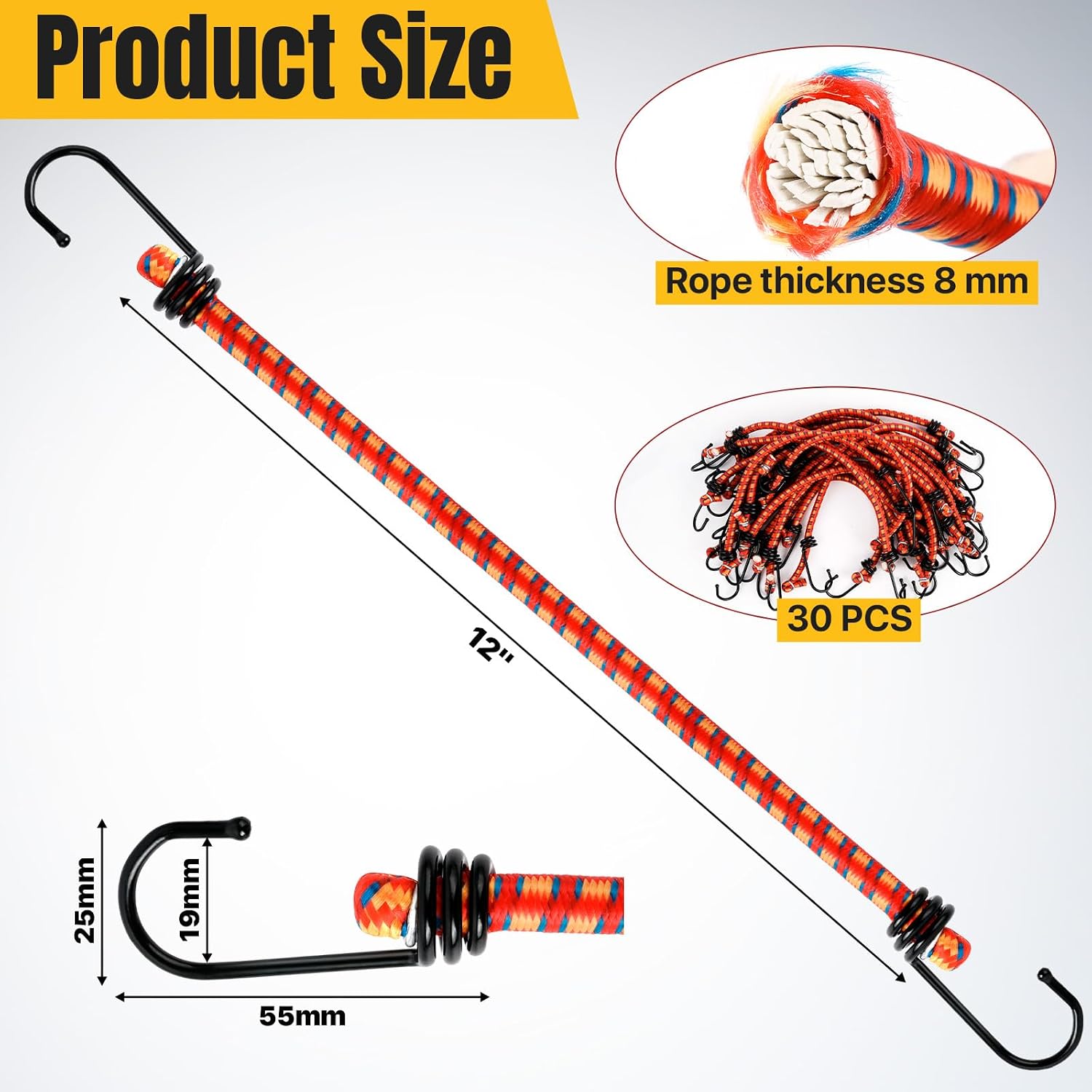 30 Pcs 12 Inch Bungee Cords with Hooks, Heavy Duty Outdoor Bungee Cords, Elastic Bungee Straps, Premium Rubber Bungee Rope for Securing Tarps,Luggage Rack,Tents,Bikes,RV,Cargo (Red)