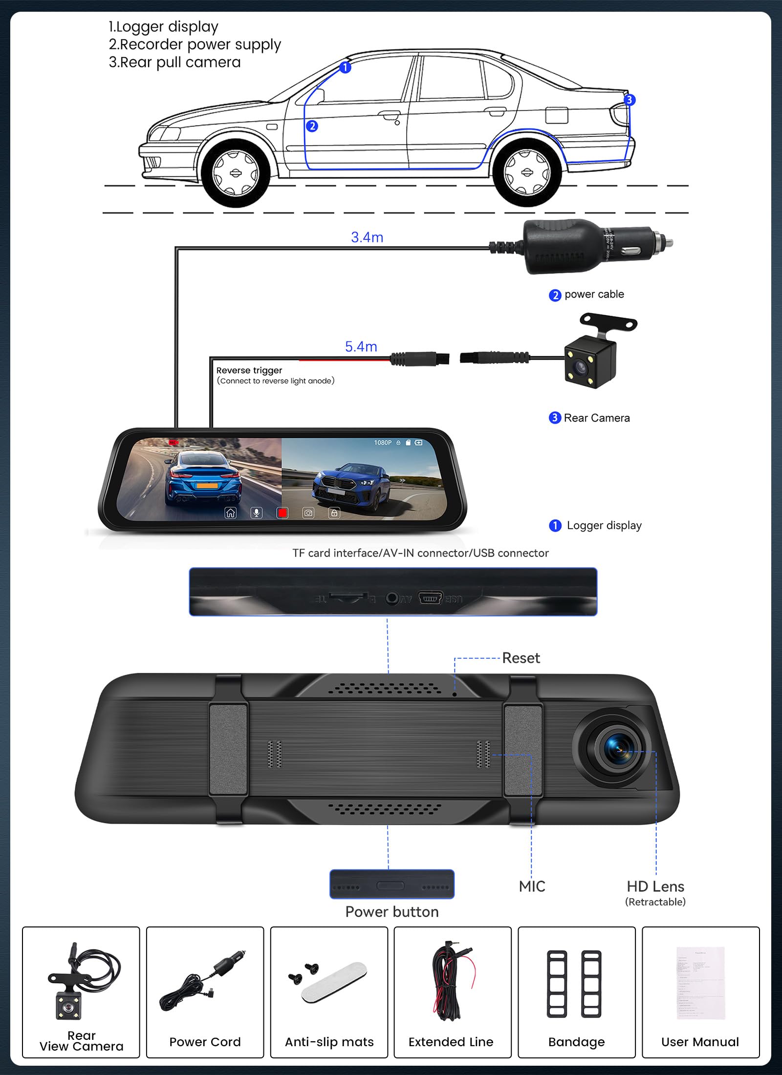 CAMECHO 9.66'' 1080P Écran Tactile Dashcam Retroviseur Voiture, Double Dash Cam Avant et arrière, Vision Nocturne Camera Embarquée Voiture avec Détection de Mouvement, Compensation d'exposition