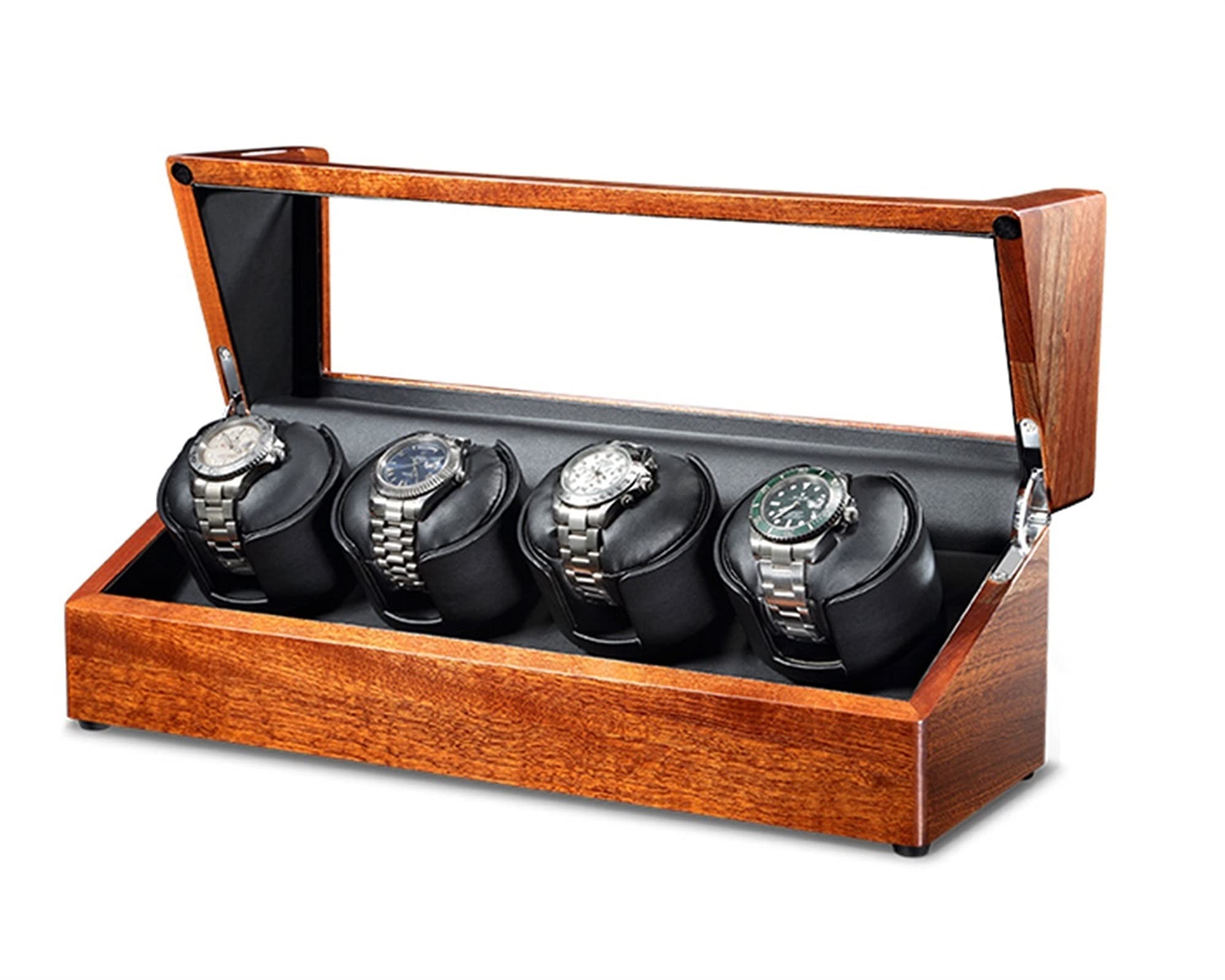 QUSYZD Watch Display Box Watch Winder for 4 Storages Wood Shell Piano Paint Exterior and Extremely Silent Motor, with Soft Flexible Watch Pillow,Black-4+0