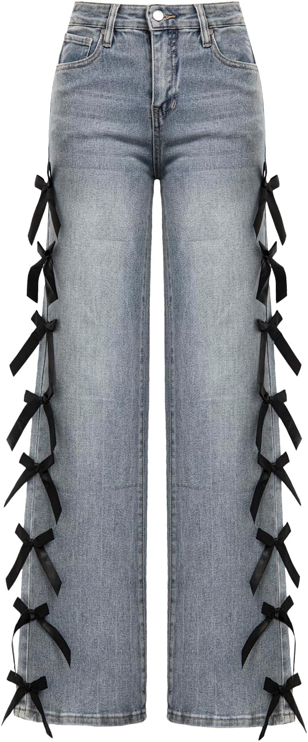 Woman Bow Jeans High Elastic Waisted Wide Leg Straight Leg Denim Pants