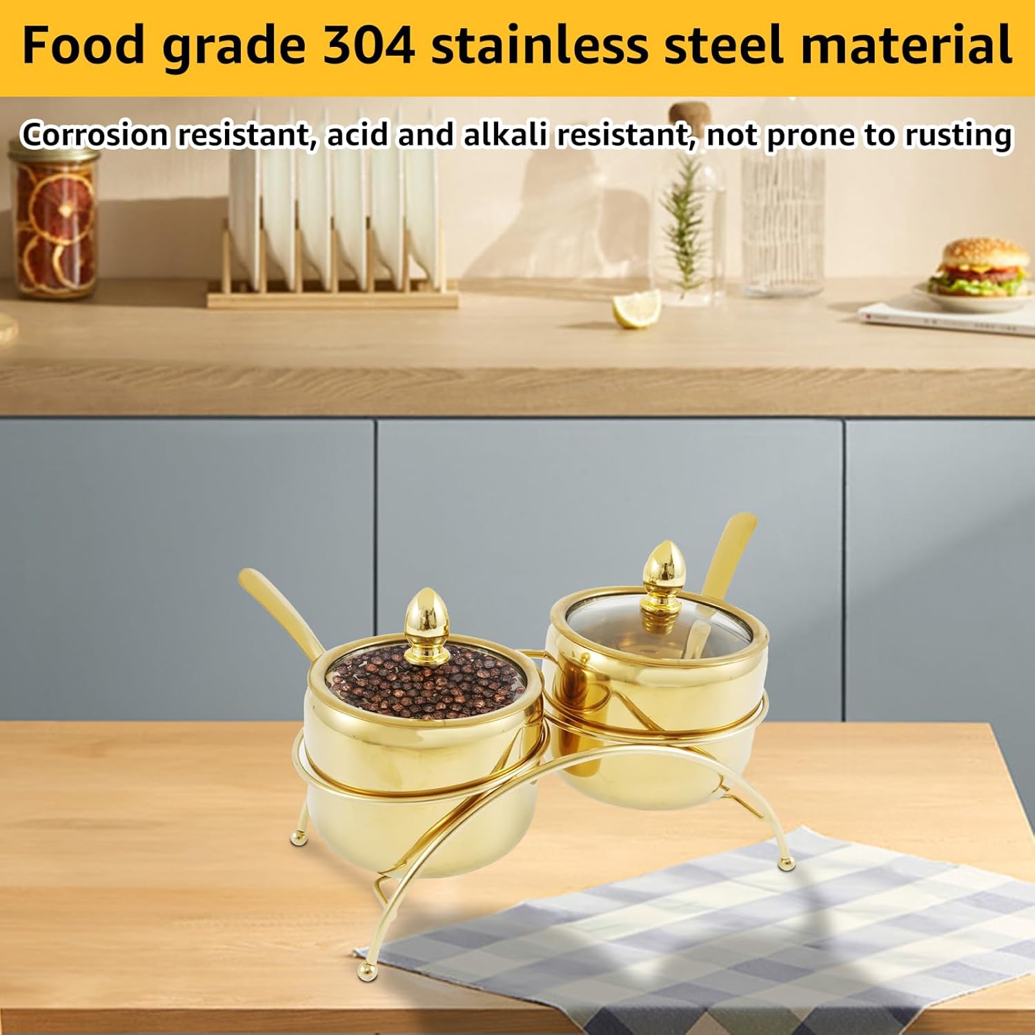 [LHYTFPGYL] ステンレス鋼のシュガーボウルセット、透明なガラス蓋ブラケット付き、防錆調味料ボックス、滑らかな調味料ポット、