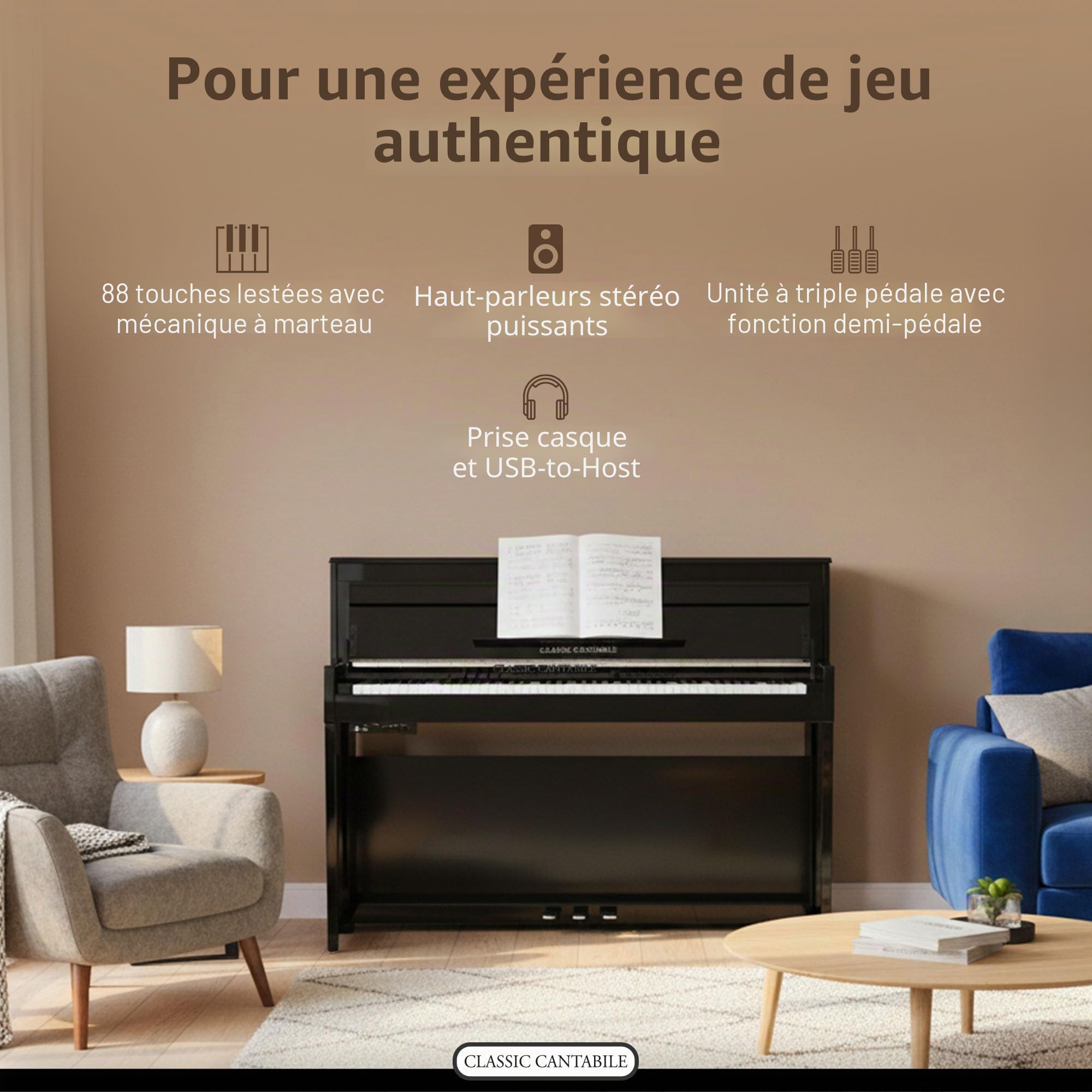 Classic Cantabile UP-1 SM Piano Droit Numérique - 88 Touches Clavier électronique à marteaux - Synthetiseur avec USB, MIDI, 40 voix, 256 polyphonie - Set avec Banc et Casque - Noir Mat | 88 touches lestées avec clavier Graded Hammer - Clavier avec surface