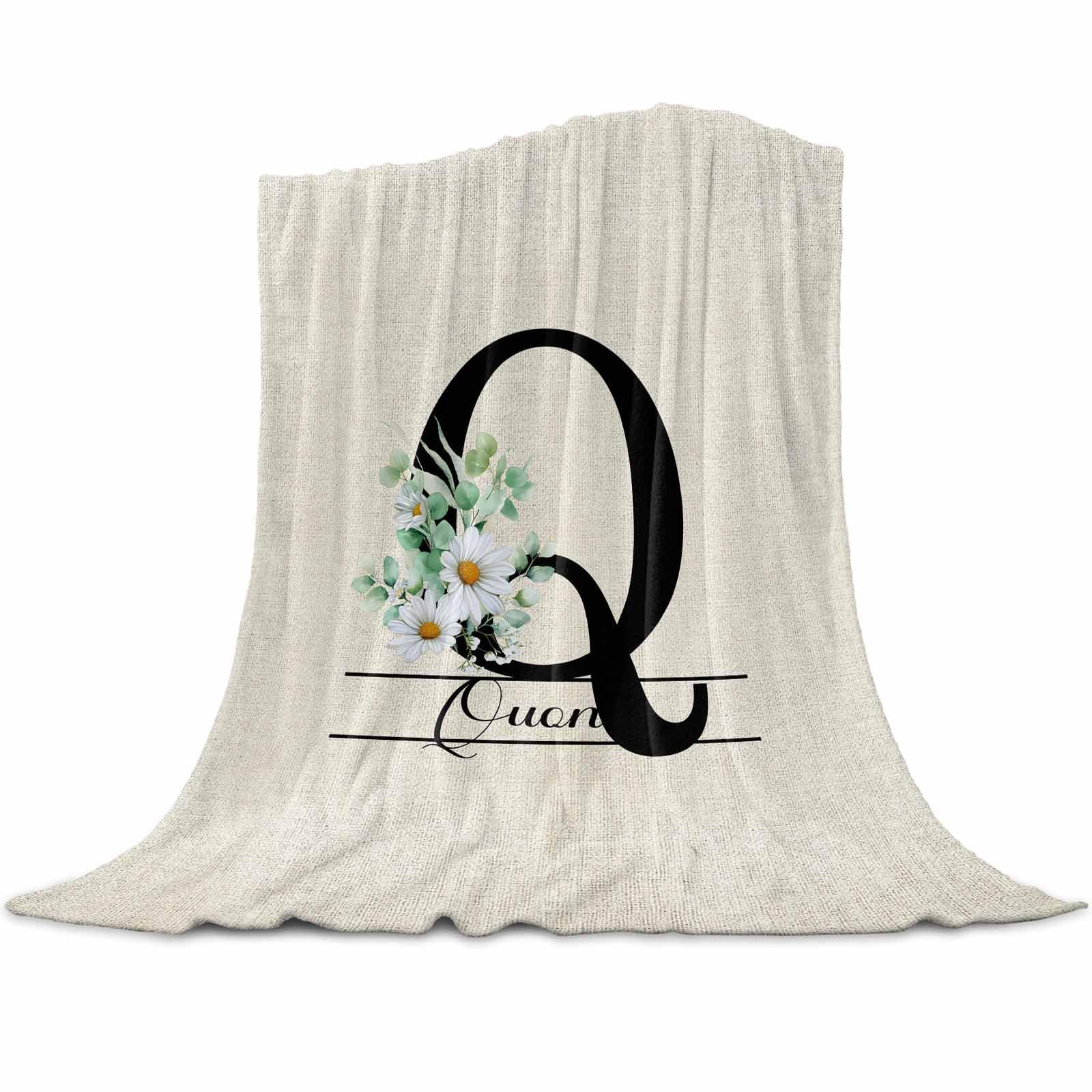 Letter Q Custom Blanket with Name Text, Vintage Flower Flannel Fleece Cozy Throw Blankets for Couch, Bed, Personalized Gifts Monogram Blanket for Baby Girl Boy Kids Adults Seniors Women Men