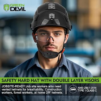 GREEN DEVIL Construction Safety Helmet Hard Hat with Visor and Safety Glasses ANSI Z89.1 Cascos De Construccion Vented ABS Work Hardhat for Men&Women
