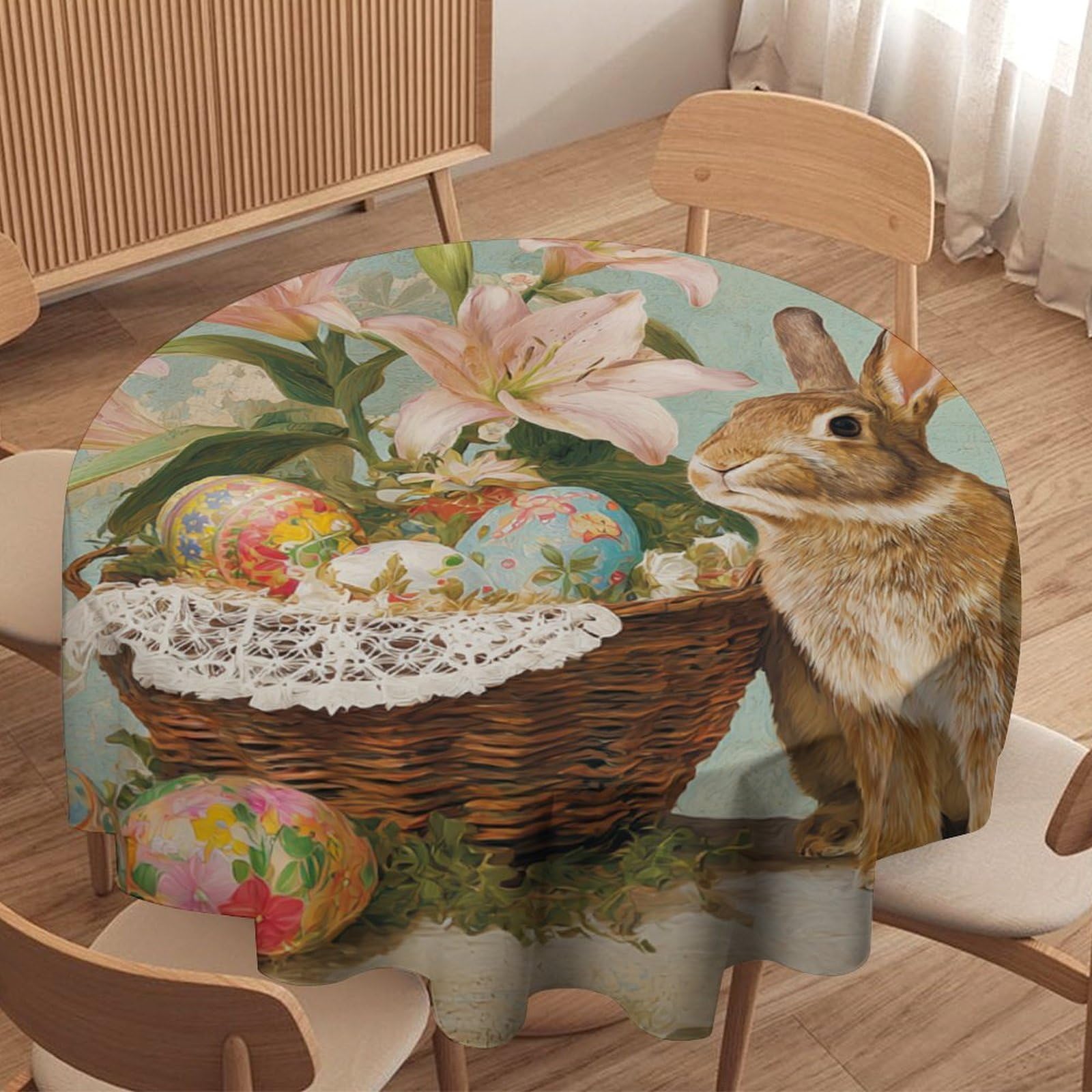 LUYYSKY Vintage Aesthetic Cute Rabbit Waterproof Round Tablecloth Classic Abstract Easter Animal Bunny Plant Lilies Colorful Eggs Washable Table Cover for Kitchen-152.4" Wx152.4 L cm