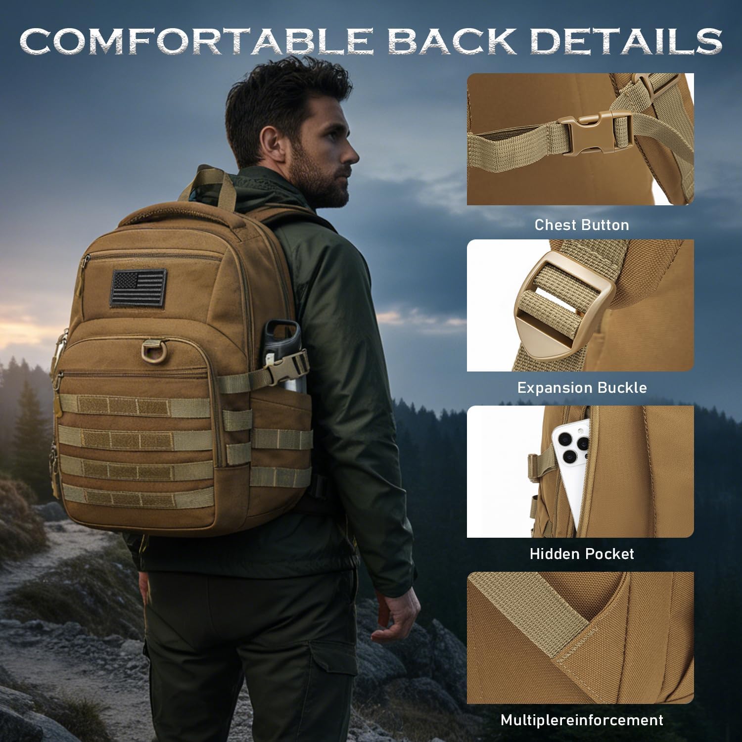25L Military Tactical Backpack for Men - Molle Army 3 Days Assault Pack Out Bag Hiking Rucksack (Brown, 25L)