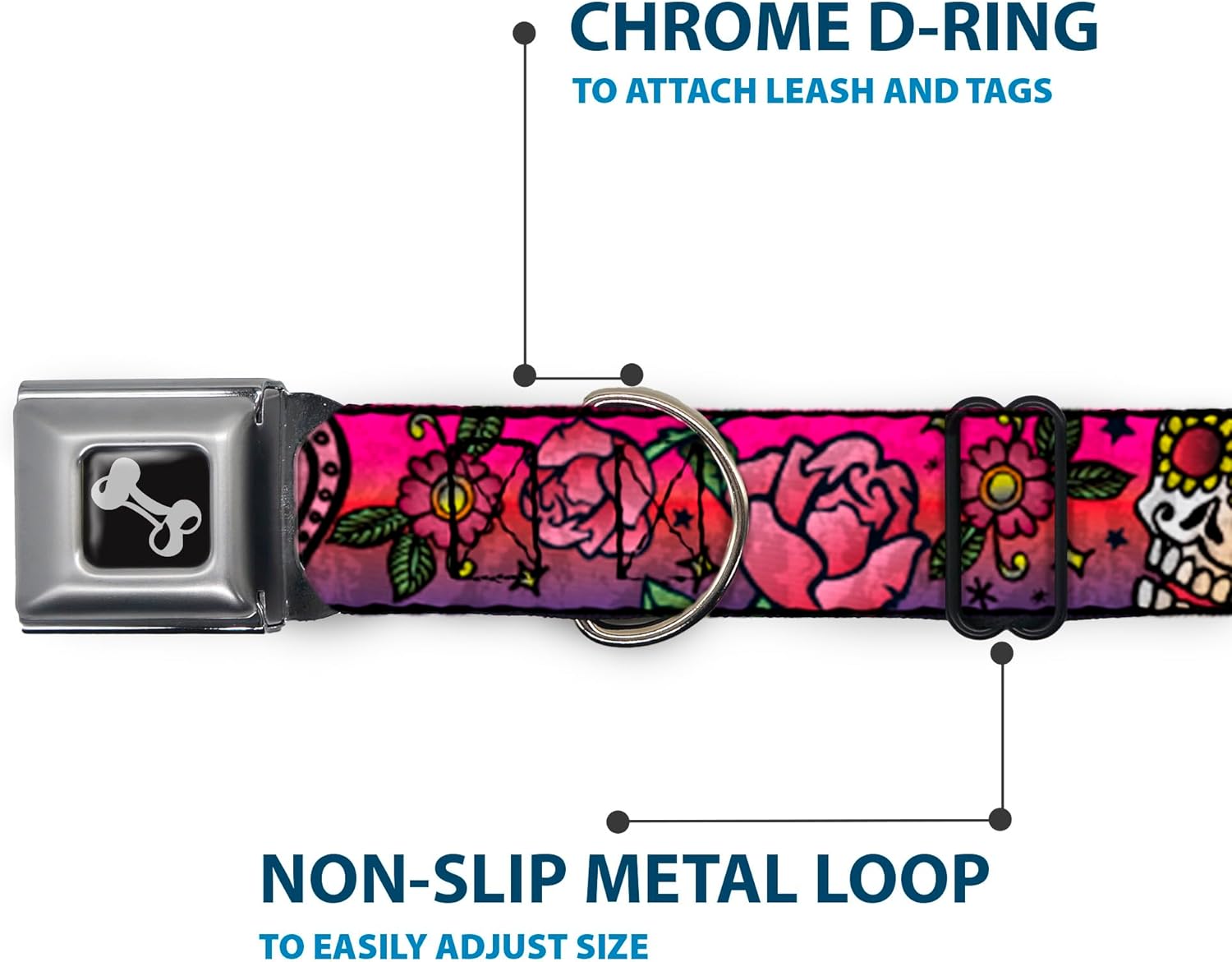 Buckle-Down Seatbelt Buckle Dog Collar - Love Kills CLOSE-UP Pink - 1" Wide - Fits 11-17" Neck - Medium