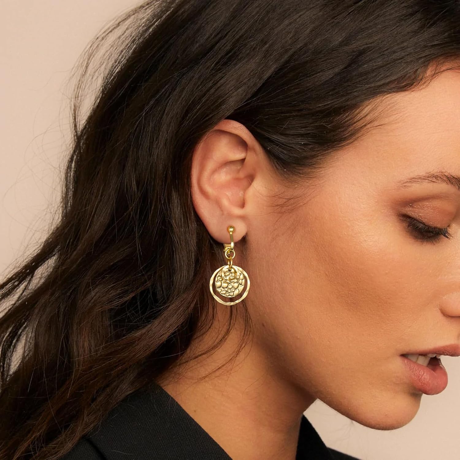 Clip on Earrings for Women 14K Gold/Sterling Silver Plated Disc Earrings for Women Circle Drop Dangle Earrings Jewelry Hypoallergenic Hammered Non Pierced Earring Jewelry Gifts Wedding Party - Image 3