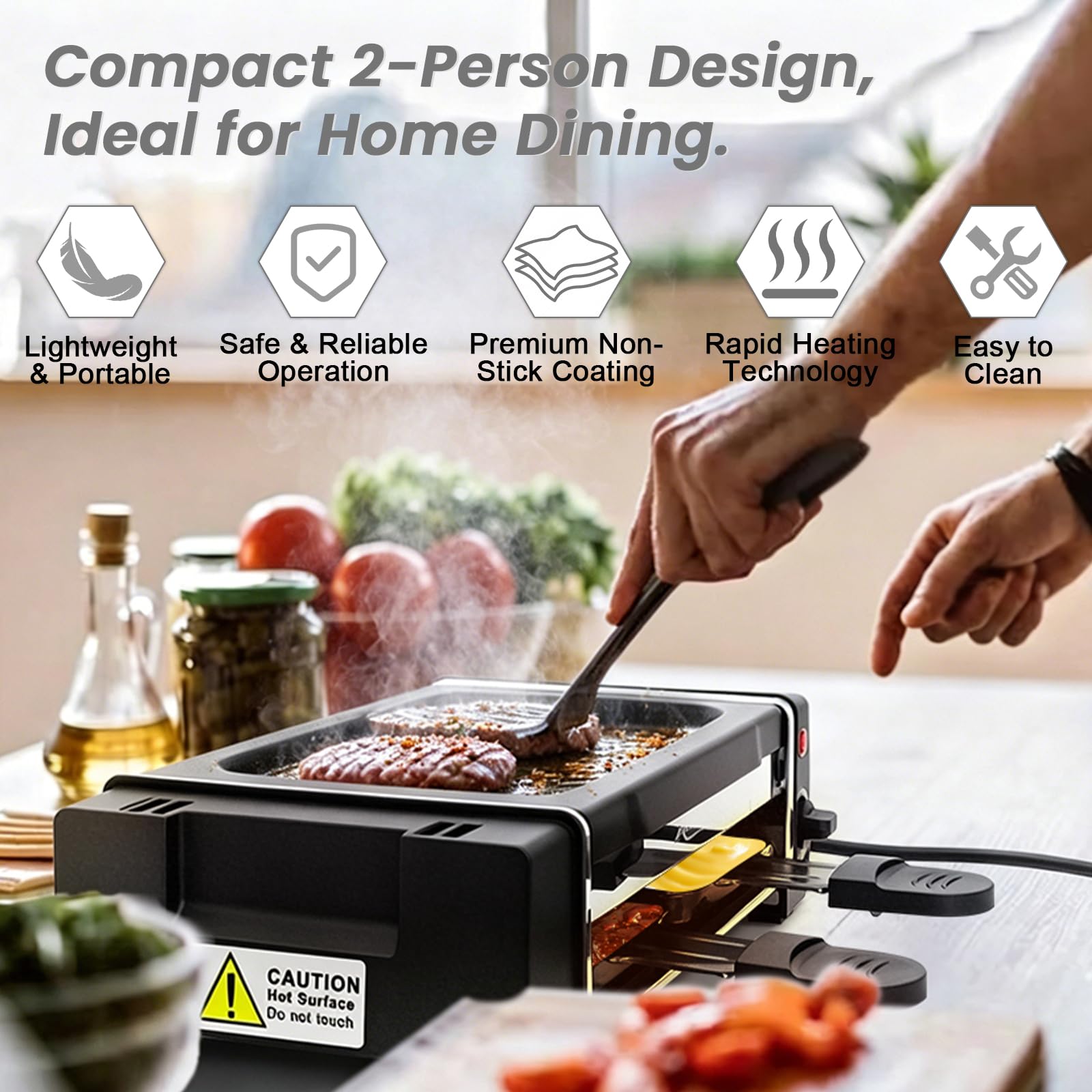 Raclettegrill para 2 personas, parrilla eléctrica de mesa con revestimiento antiadherente, control de temperatura y 2 sartenes para raclette, mini parrilla interior para queso, carne, verduras