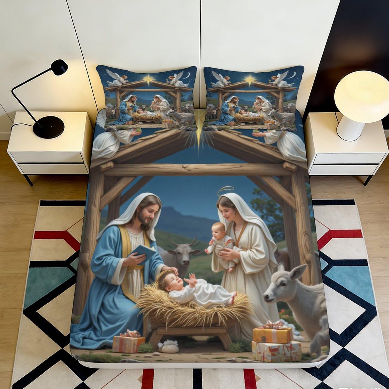 Pnayamiorkfel Style-2 3D Printed Nativity Scene Fitted Sheet Microfiber Christmas Manger Bed Cover Non-Slip For Bedroom Guest Room Decor 90X200x25cm