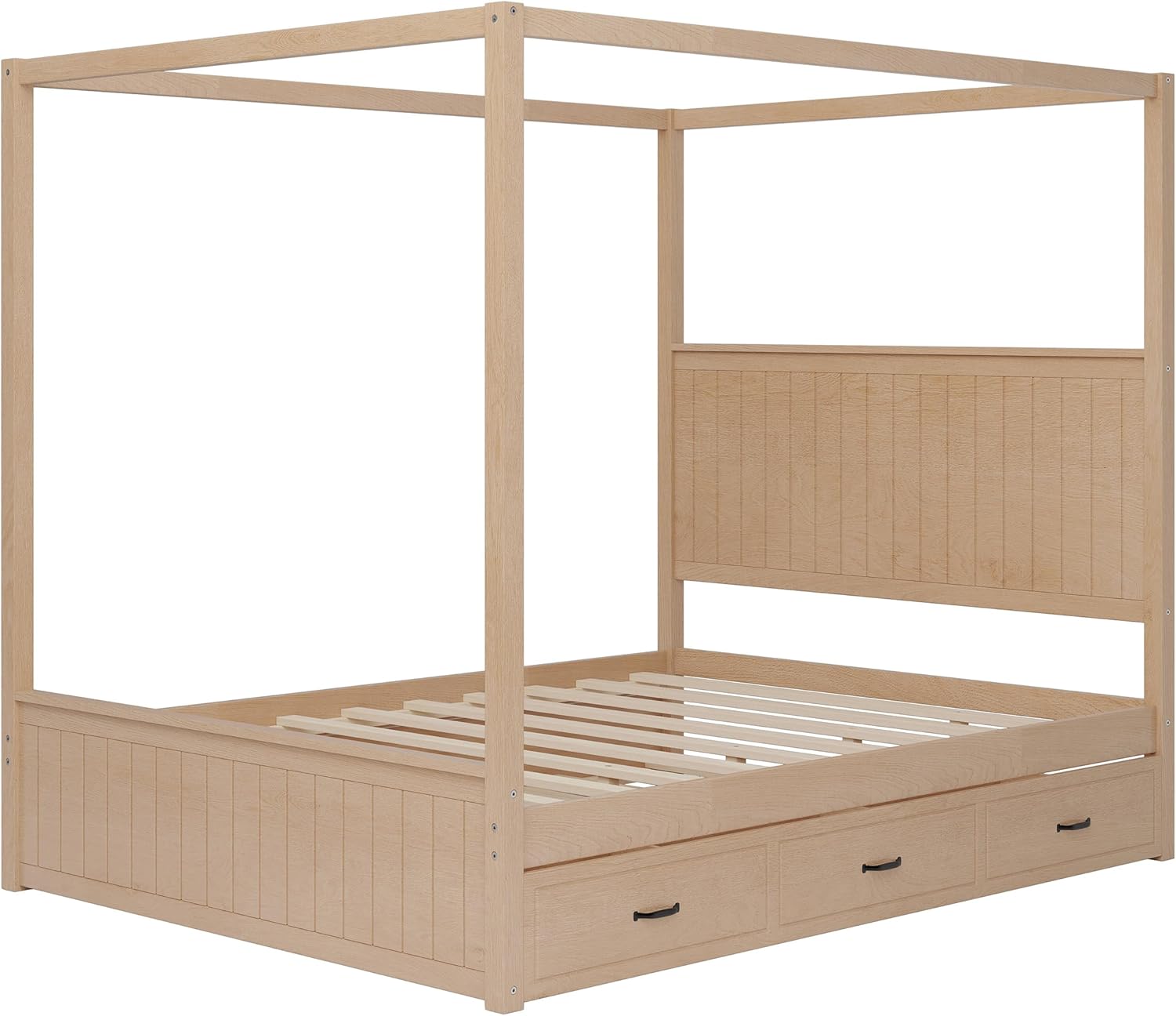 Merax Modern Queen Size Canopy Platform Bed with Trundle & 3 Storage Drawers,4-Post Solid Wood Bed Frame with Headboard,No Box Spring Needed for Master Bedroom,Guest Room,Small Space,Natural
