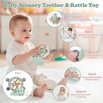 TYRY.HU Teething Toys for Baby,Rattle High Chair Activity Toy with Silicone,Einstein Sensory Play Chew Teether Kids Relief Teether with Suction Cup Soothing Gifts for Newborns & Infants 0 12 Months