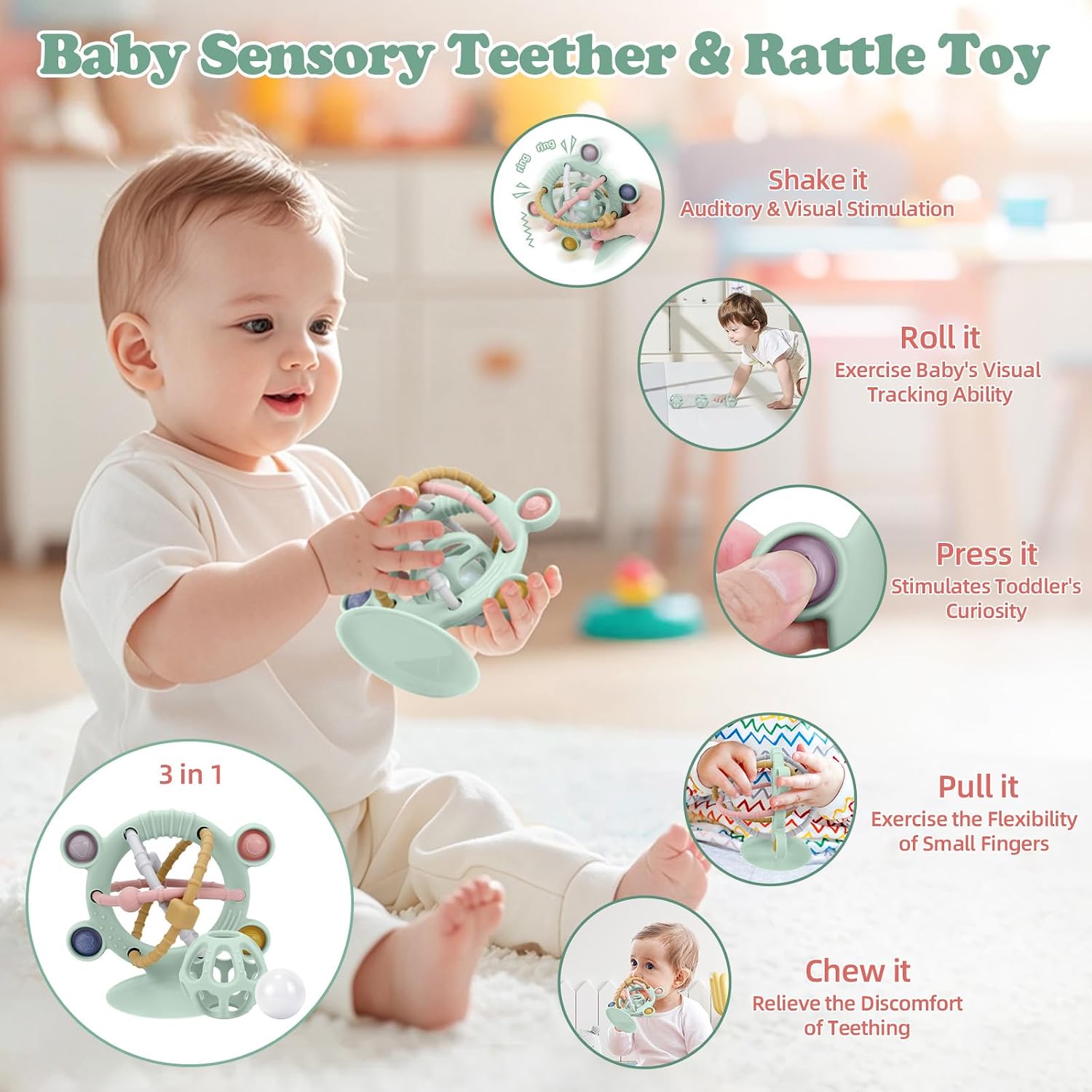 TYRY.HU Silicone Baby Teething Toys for Babies 0-6 6-12 Months, Multi Purpose High Chair Toys, Baby Suction Table Toys, Teething Relief Chew Toy, Sensory Rattle Toy with Textures for Infants, Green