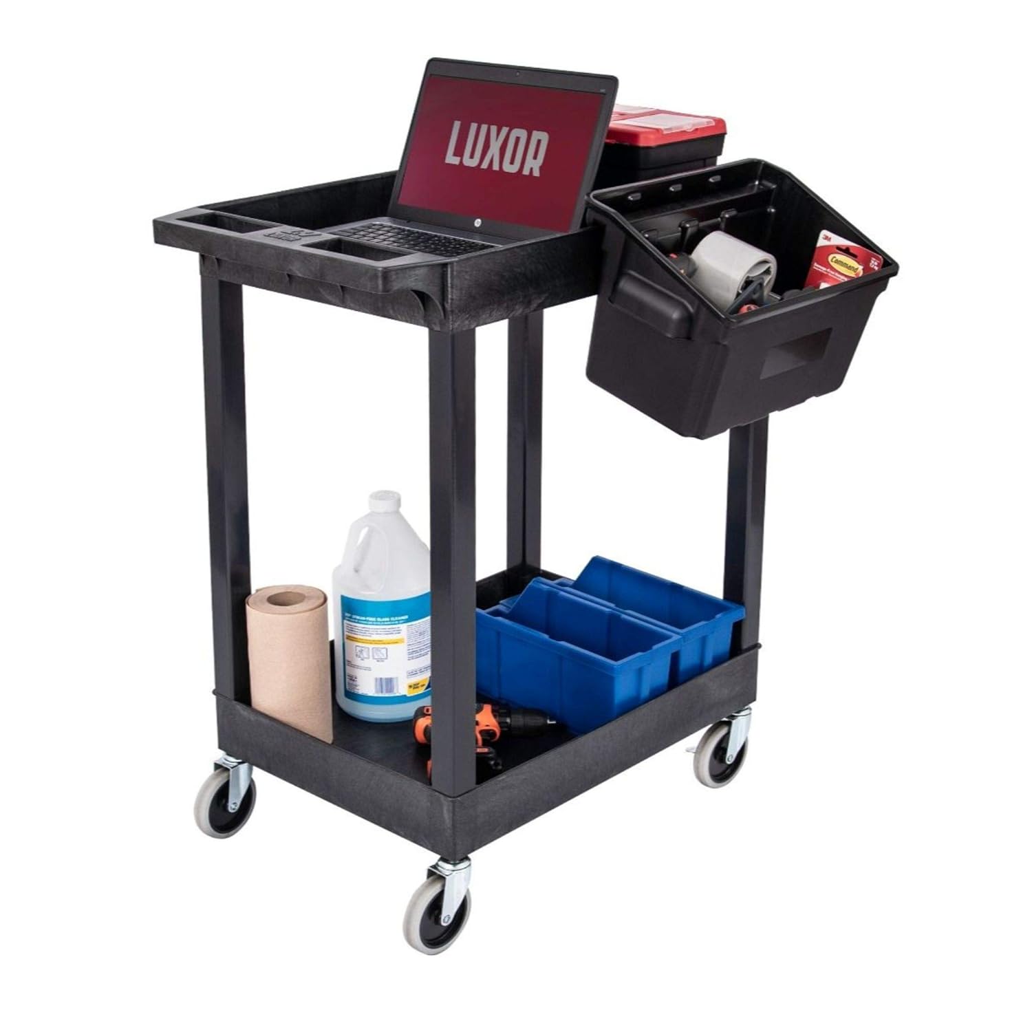 LUXOR SEC11-B-OUTRIG 24" x 18" Plastic Utility Tub Cart - Two Shelves with Outrigger Utility Cart Bins