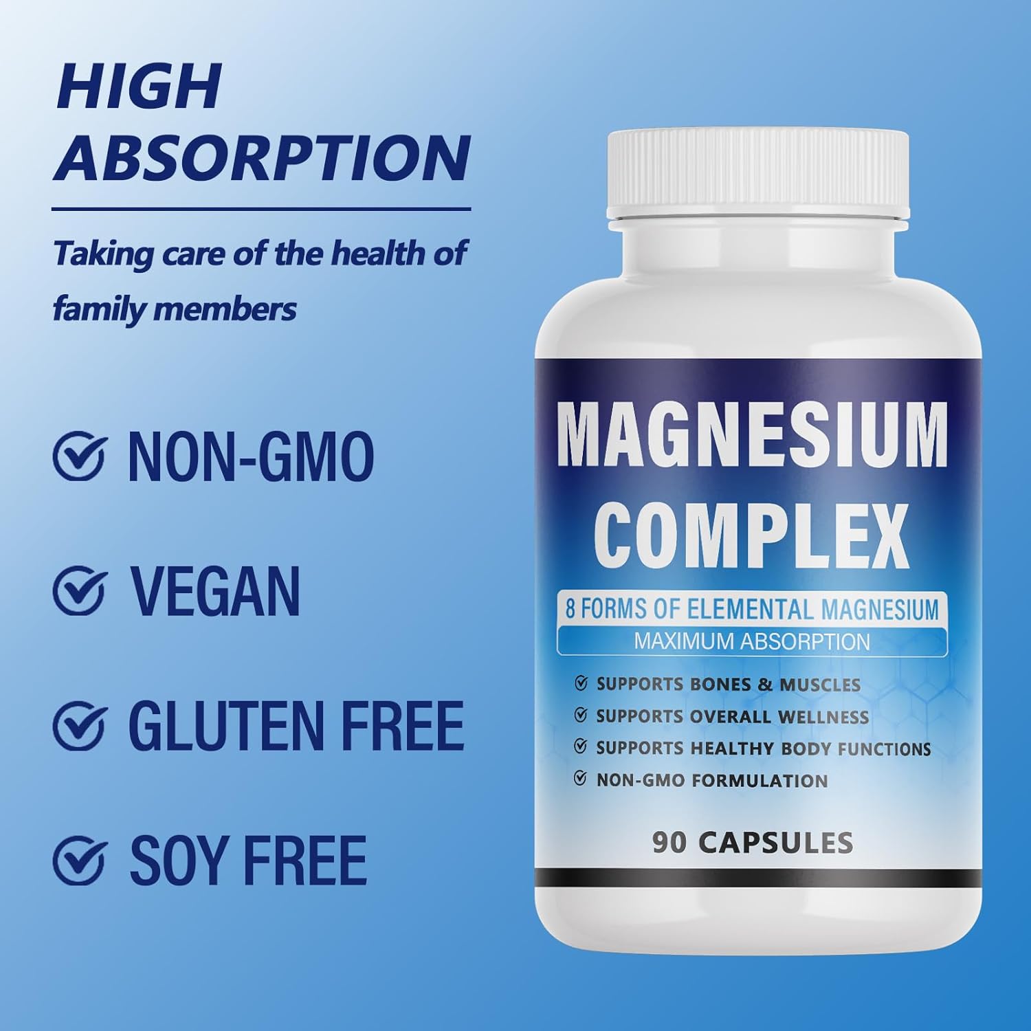 Magnesium Complex Supplement - 8 Elemental Magnesium 1000mg - Glycinate, Citrate, Malate, Taurate Chelated | Easy Absorption, Energy Support | Vegan Non-GMO, 90 Capsules (1pc) - Image 6
