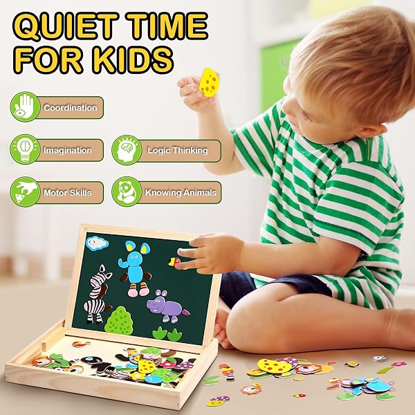 Uping Puzzles en Bois Magnétique 100 Pièces, Tableau Double Face Aimanté, Planche à Dessin Stylos Colorés Craies, Jouet Educatif Enfant 3 Ans Plus - 5