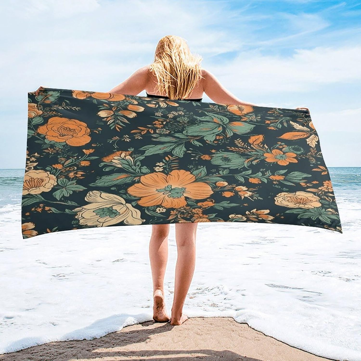 Orange and Green Flowers Towel Vacation Accessories Essentials Soft Lighterweight，Bath Towel for Adults Women Men，Bath Towels Gift for All Occasions, Machine Washable.