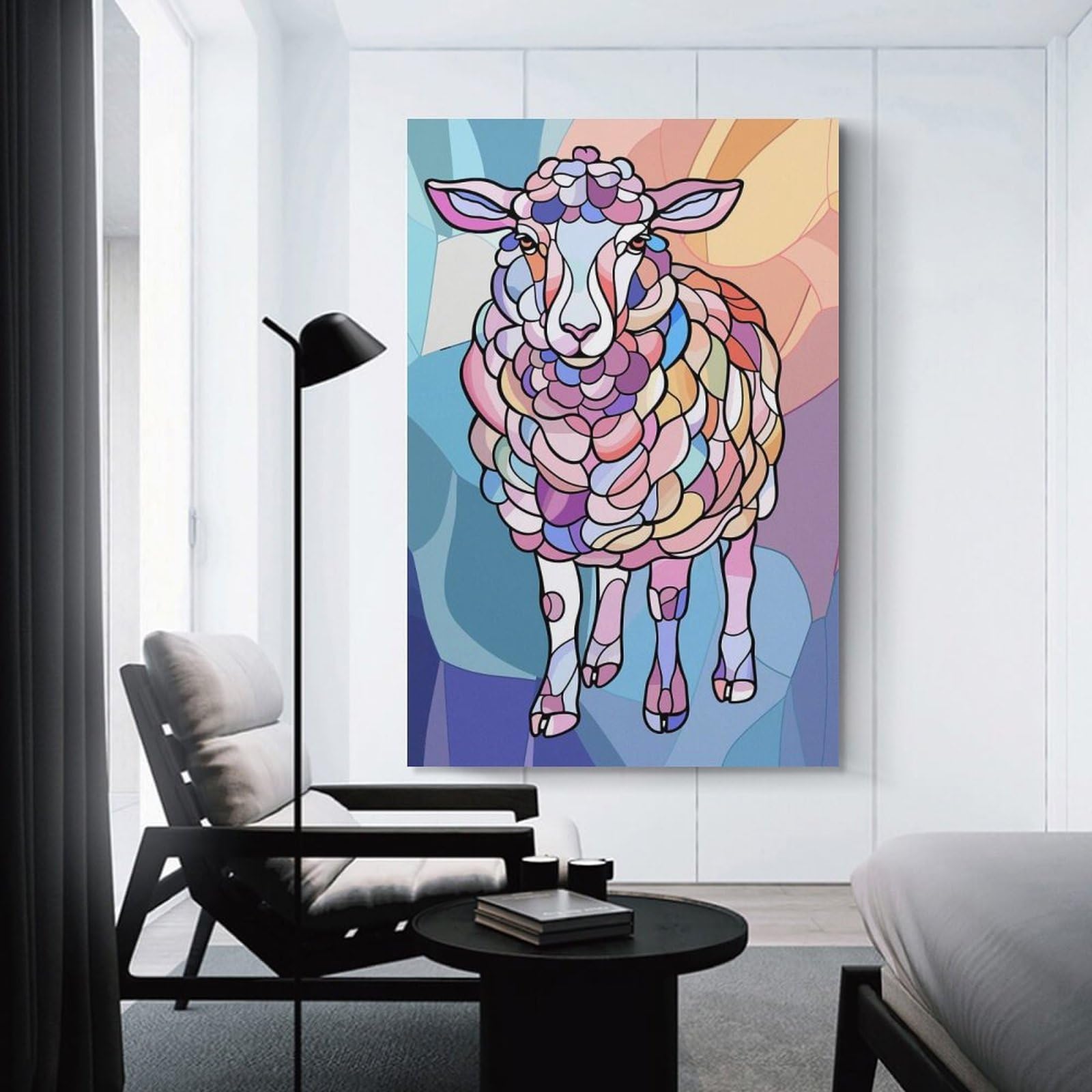Junmoney Hanging Wall Art Colorful Stained Glass Sheep, 08x12inch(20x30cm), for Wall Displays, Bedrooms Or Room Updates, Wall Decor Suited to Curated Displays