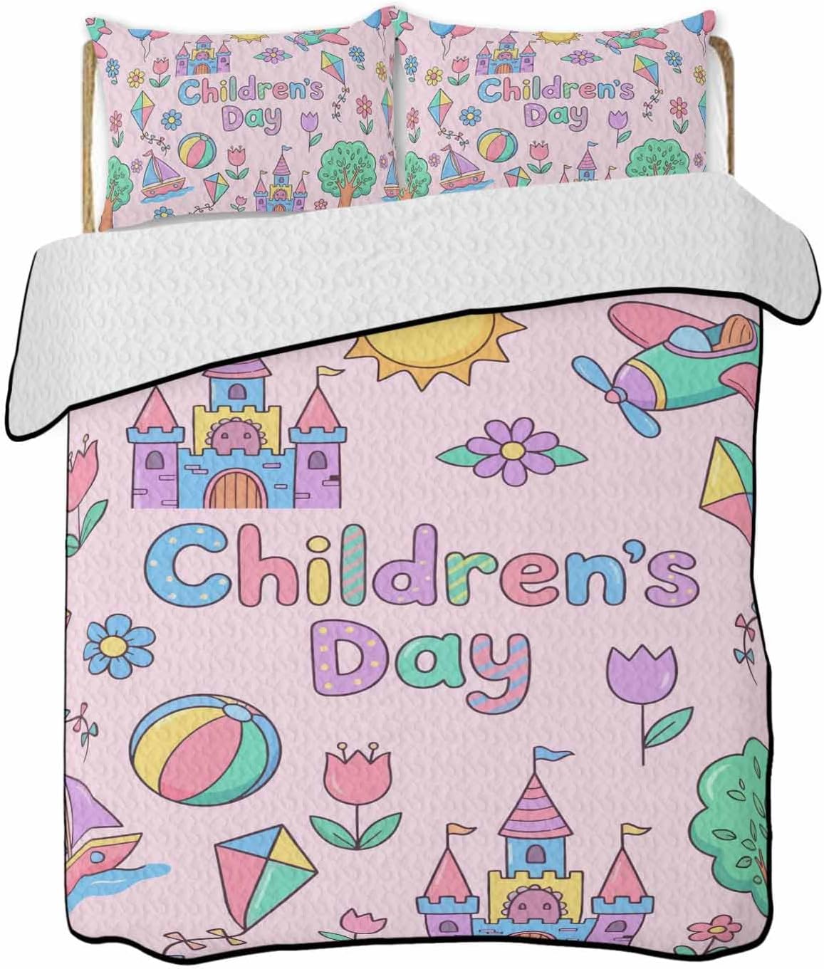 Full Size Quilt Bedding Set, Children's Day Lightweight Summer Quilt 3 Pieces Bedding Sets, Airplanes Sailing Boats Tree Cartoon Pink Reversible Soft Bedspreads Coverlets with 2 Pillow Shams
