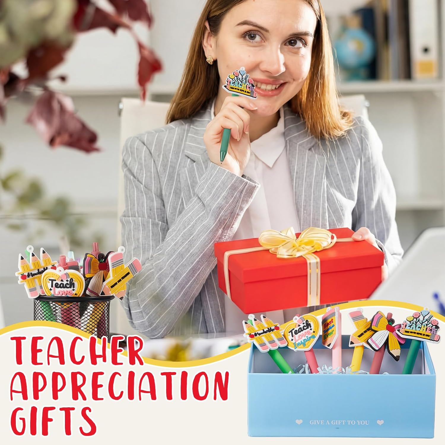 ReliThick 18 Pcs Back to School Teacher Gift Pen Bulk Funny Teacher Ballpoint Pens for Thank You Teach Appreciation Gift Party Favors Student School Office Supplies (Pencil)