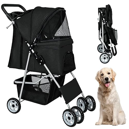BestPet Cochecito para perros y gatos para perros medianos y pequeños gatos plegable y ligero con portavasos negro 4 ruedas