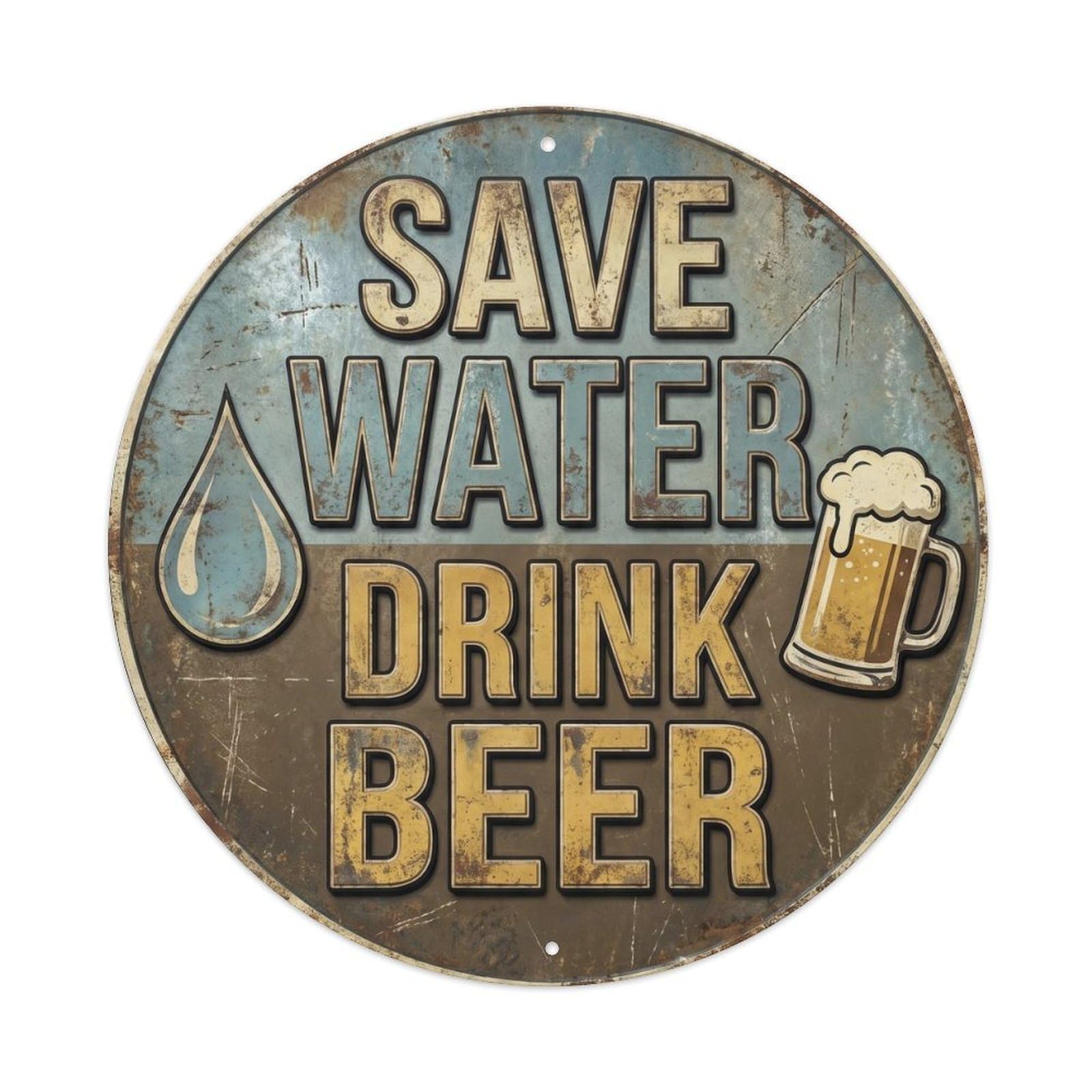 Save Water Drink Beer Classic Garage Ornament Retro Bar Slogans Metal Tin Sign Plaque Wall Decor for Cafe, Club Bar, Office, Home Garden Round Metal Poster 8x8Inch