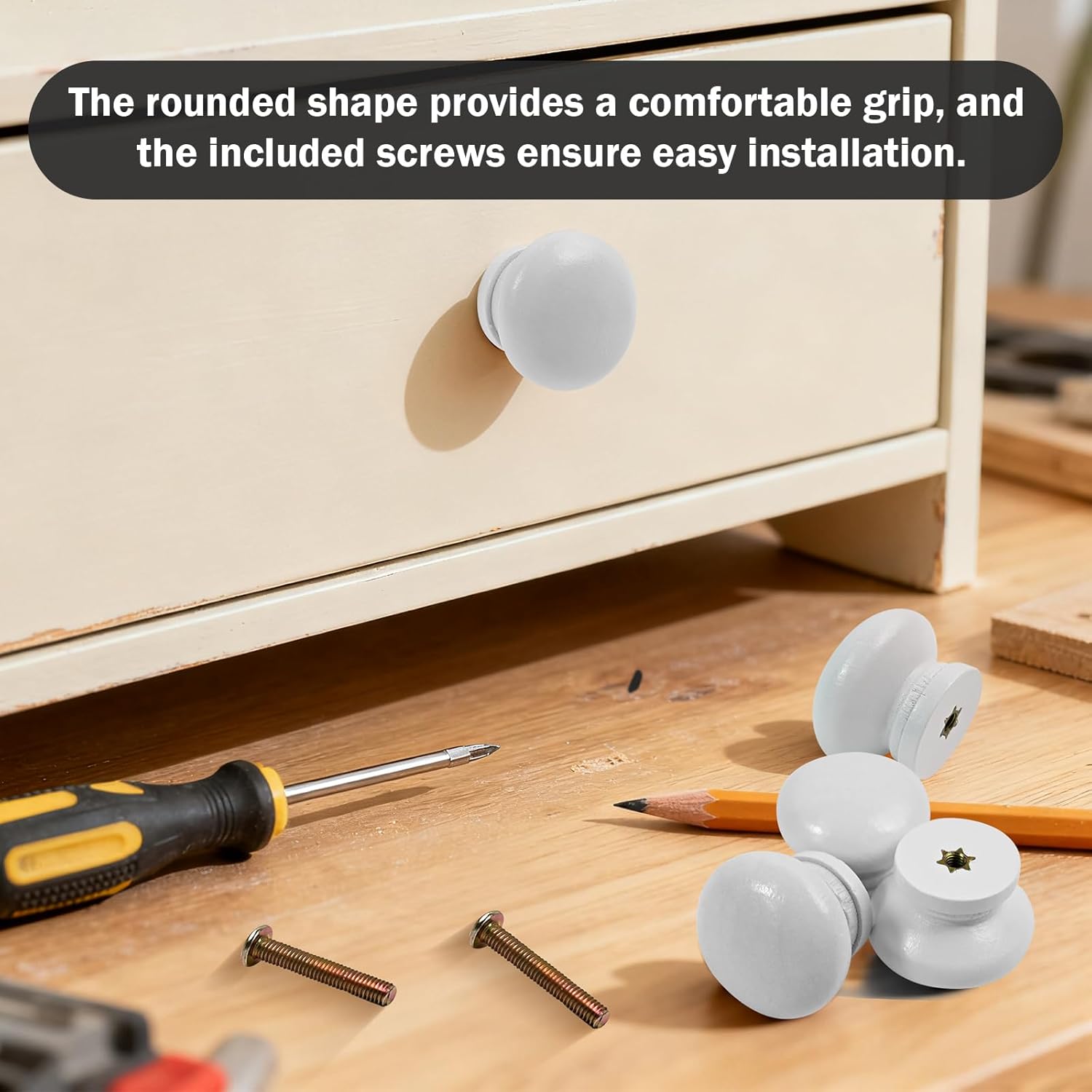 Wooden Cabinet Knobs, Mushroom Shape Drawer Pulls with Screws for Furniture, Wardrobes, Dressers, Kitchen Cabinets, DIY Home Decor Hardware (C White Paint Color)