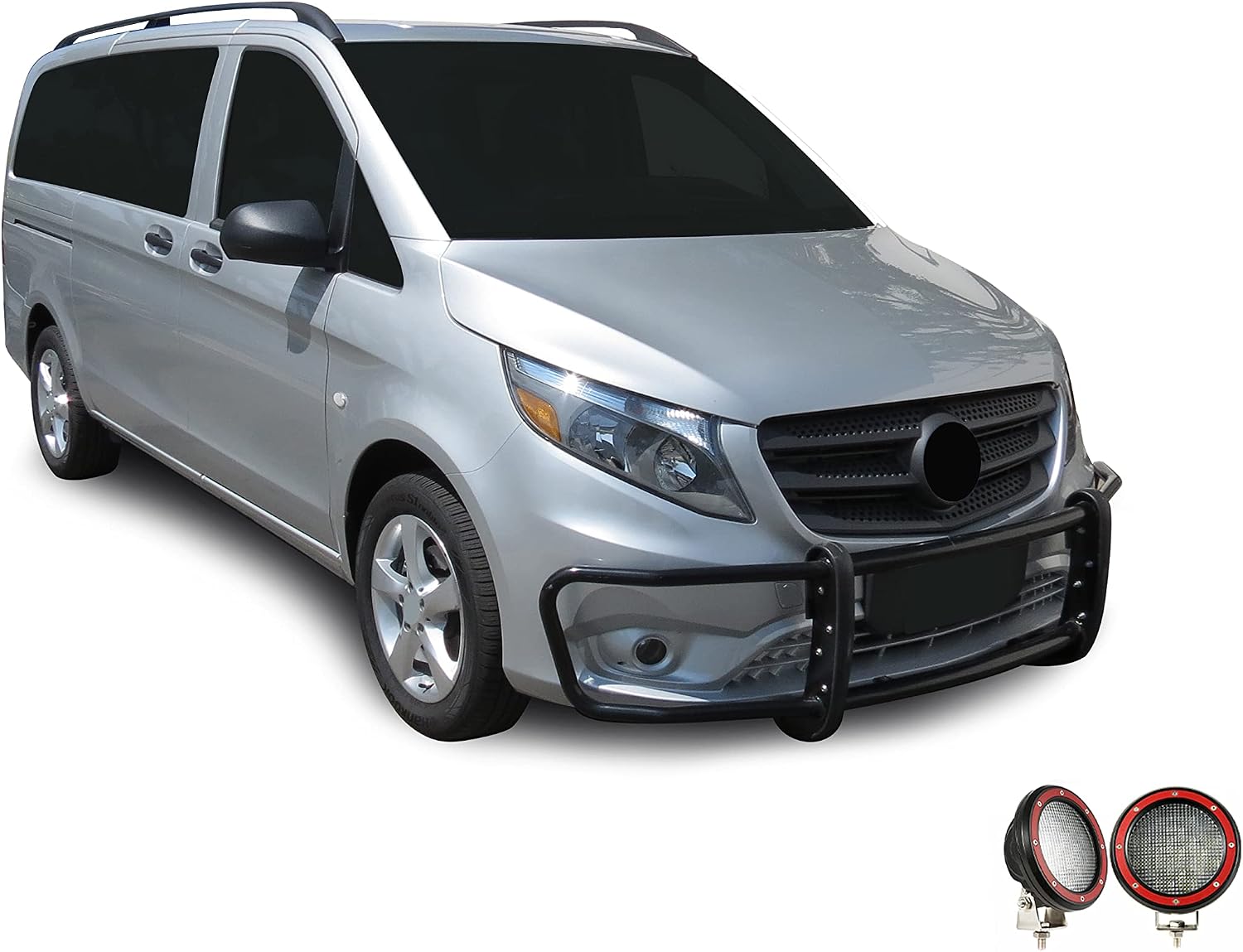 Black Horse Spartan Grille Brush Bumper Guard Modular Black Come with Pair of 5.3" Dia.LED Lights with Red Trim Rings Compatible with 2016-2023 Mercedes-Benz Metris-17MBMEMA-PLFR