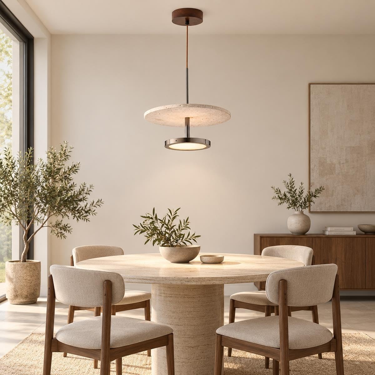 Okrągła żółta lampa wisząca z trawertynu, lampa wisząca z kamienia