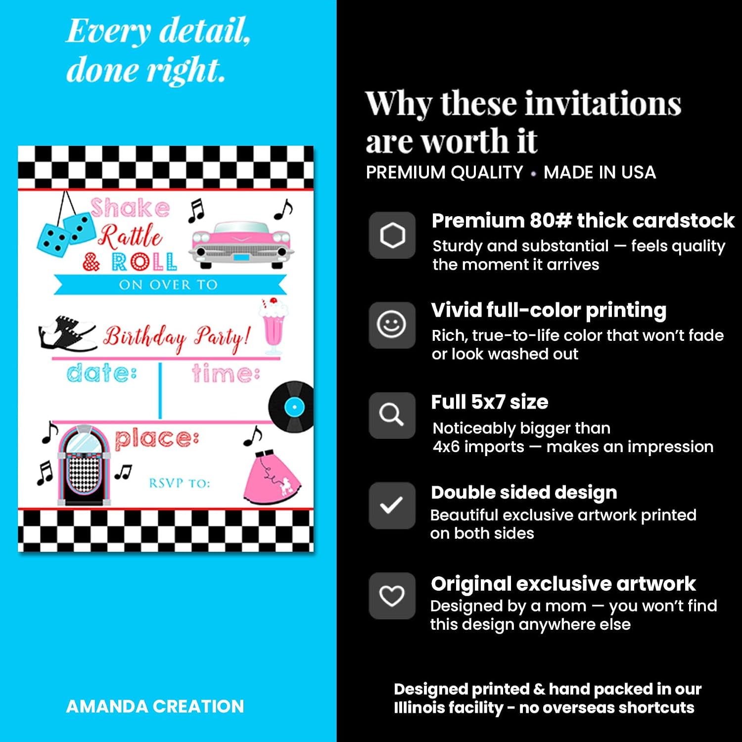 50's Sock Hop Birthday Party Invitations, 20 5x7 Fill In Cards with Twenty White Envelopes by AmandaCreation