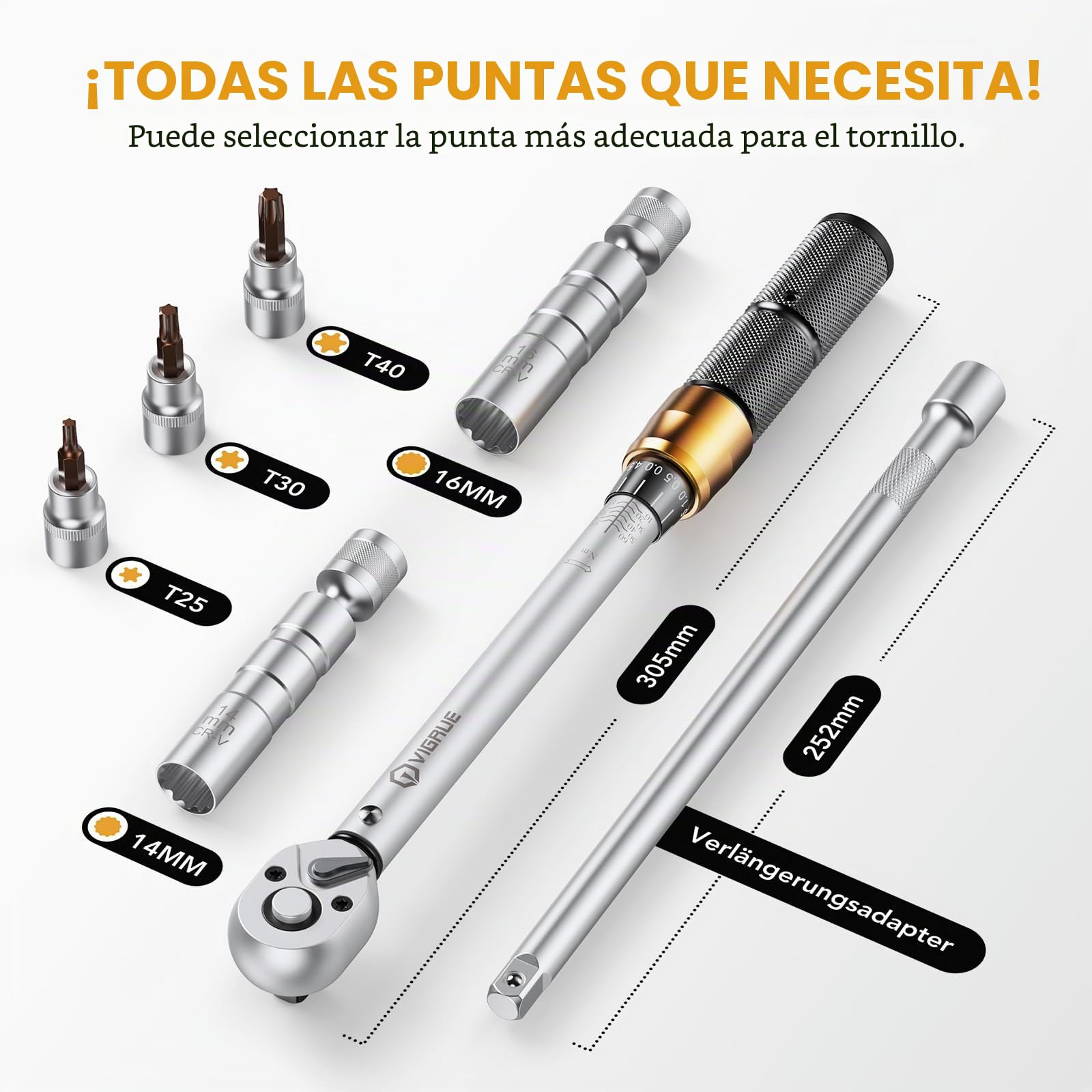 VIGRUE Llave dinamométrica para bicicleta de 3/8 pulgadas, llave dinamométrica 10-60 Nm ± 3% de precisión de error con barra de extensión, articulación universal, casquillo de bujía, puntas para