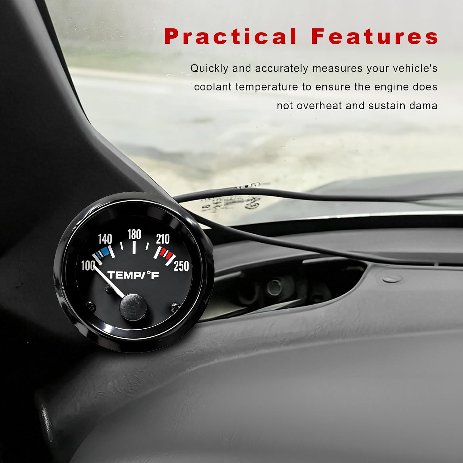 Water Temp Gauge, 2.3" 57mm 100-250℉ Automotive Water Temp Thermometer with LED Backlight, DC 12V Coolant Temperature Gauge Kit with Sensor for Cars Trucks Marine Boats