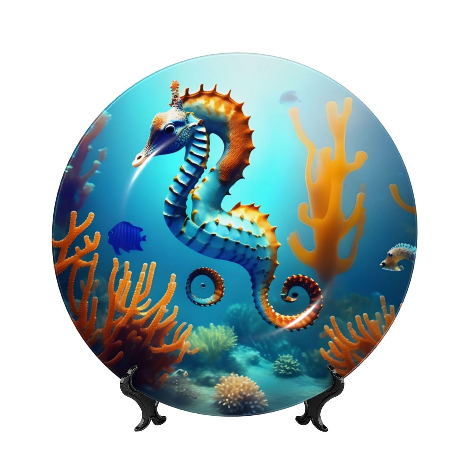 SXZVVBN Seabed coral seahorse Bone China Decorative Plate Art with Stand Removable Adhesive Hanging for Home Office 6in（15cm）