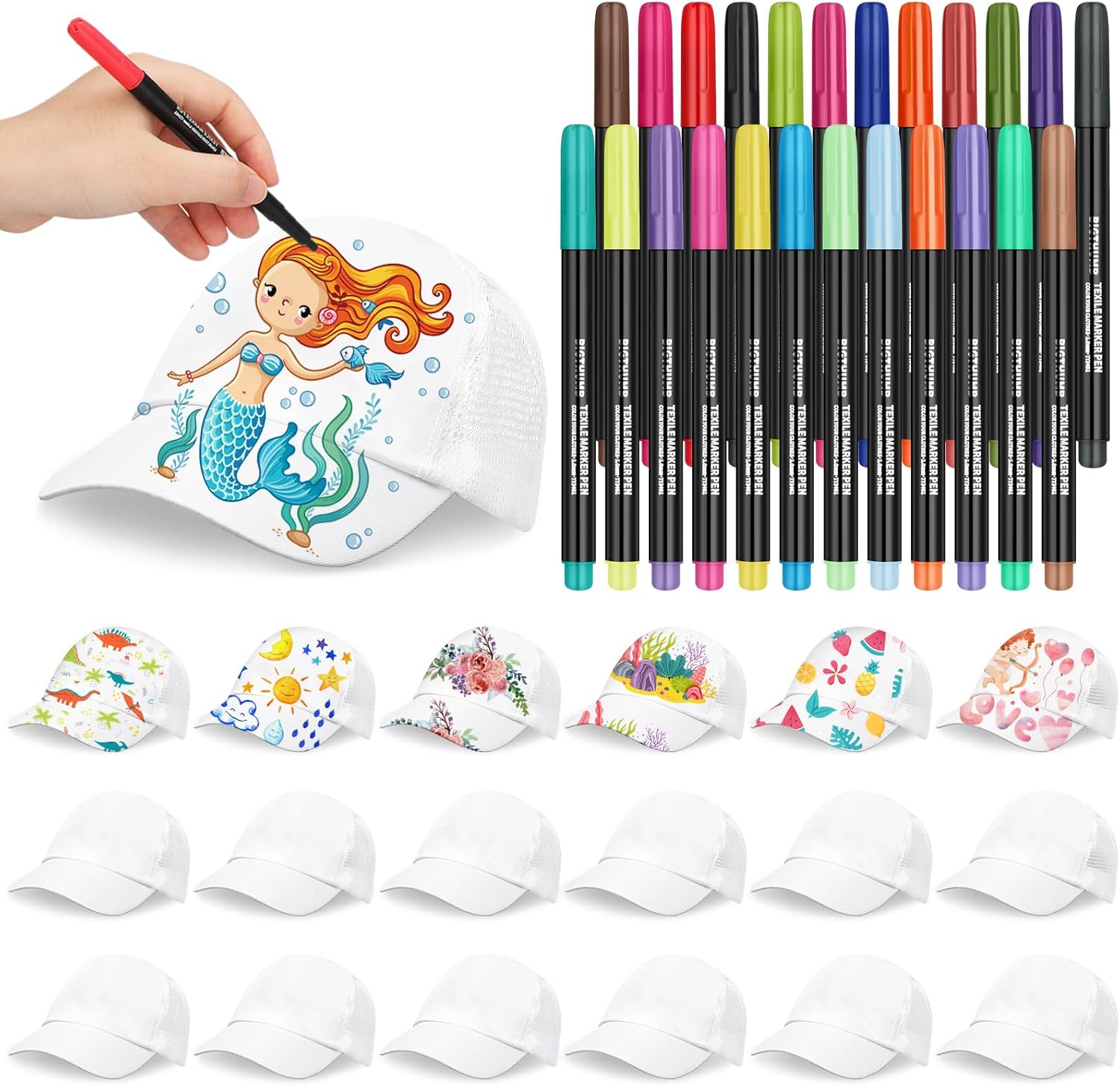 Funnysoft 16 Pieces Boys Girls White Blank DIY Baseball Caps with 24 Colors Fabric Markers White Hats Blank Adjustable Hats in Bulk with Back Mesh Polyester Sports Cap for Boys Girls Painting
