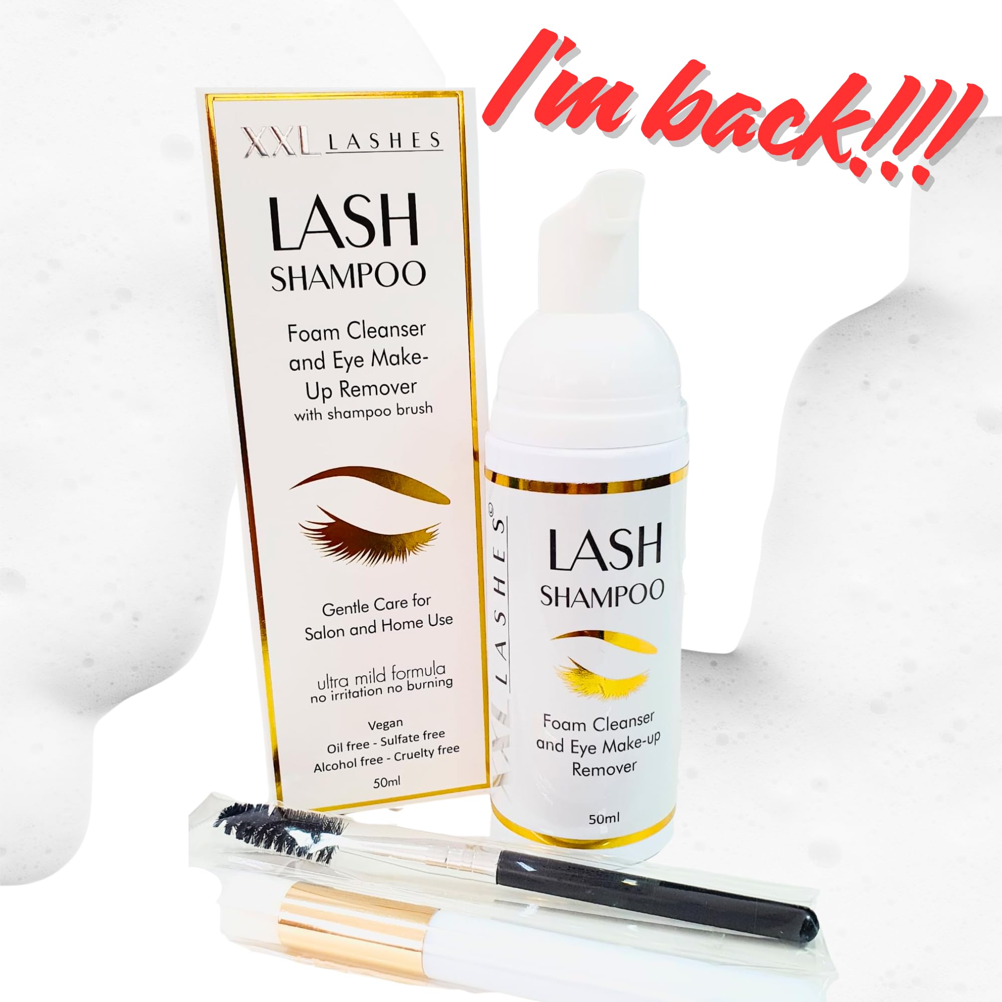 XXL Lashes Shampoo per extension ciglia, detergente schiumogeno, struccante, 50 ml con spazzolino per shampoo per ciglia e sopracciglia, cura ciglia con pennello per lavaggio