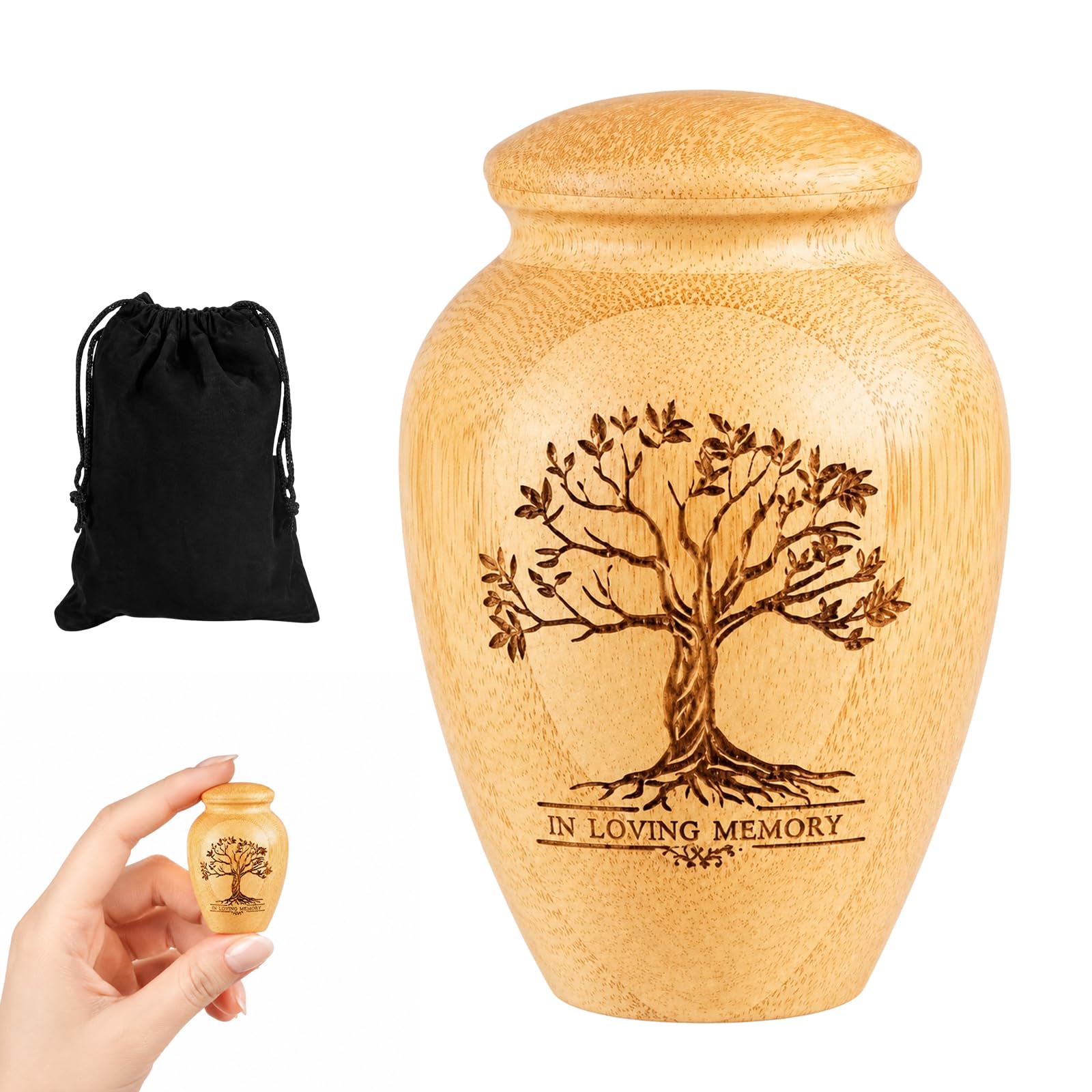 QhgPnt Small Urns for Human Ashes, Wooden for Human Ashes Keepsake with Tree of Life Pattern, Portable Memorial Solutions for Home and Travel