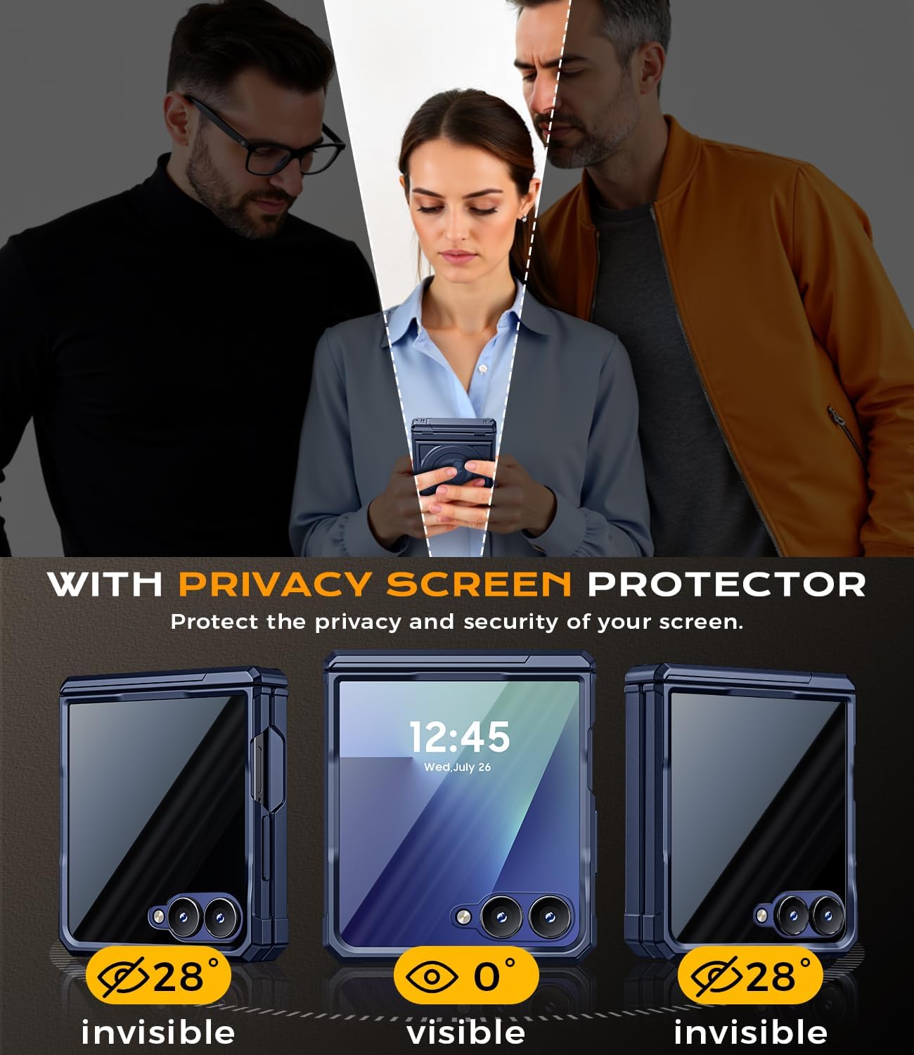 for Samsung-Galaxy Z-Flip-7 Magnetic Case: [Privacy Screen Protector] Dual Kickstand Full Body Protective Phone Case [Magsafe Compatible] for Z Flip 7 5G(2025) Dark Blue
