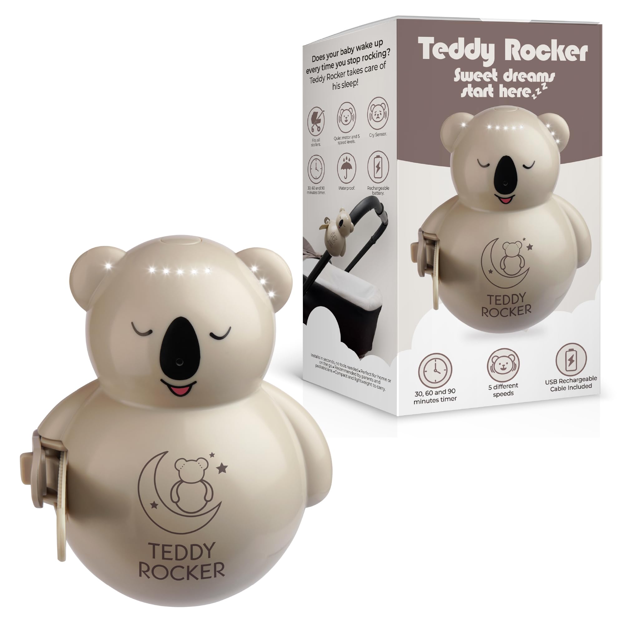 Baby Rocker, Mecedora Automática para Cochecito o Cuna, Bebés hasta 3 años, Portátil, Sensor de Llanto, 5 Velocidades, Temporizador, Batería Recargable USB