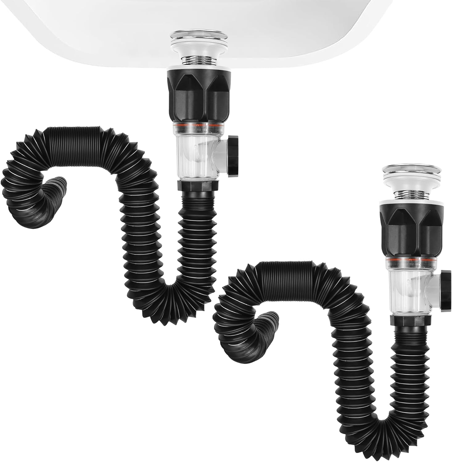 2 Pack Bathroom Sink Drain Kit, with Flexible Expandable P-Trap Sink Drain Pipe, Fits 1-1/4",1-1/2" and 2'' Drain Hole, Built-in Anti-Clogging Stopper, Anti-Odor Bathroom Sink Drain
