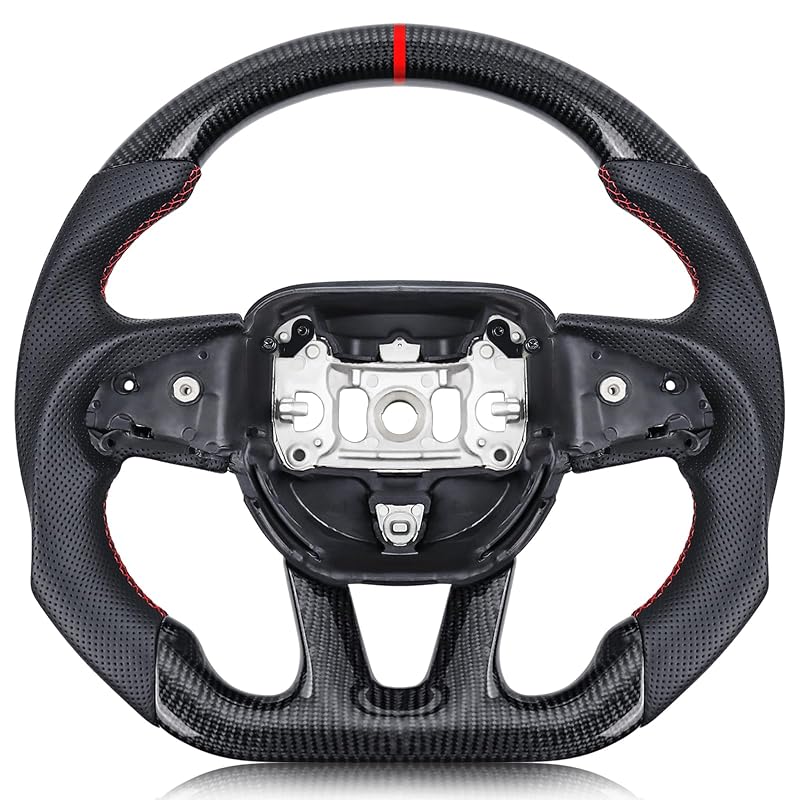 Volante esportivo D-shaped de fibra de carbono 3K com couro Nappa perfurado, base plana e faixa vermelha para Dodge e Jeep Grand Cherokee RC-DG