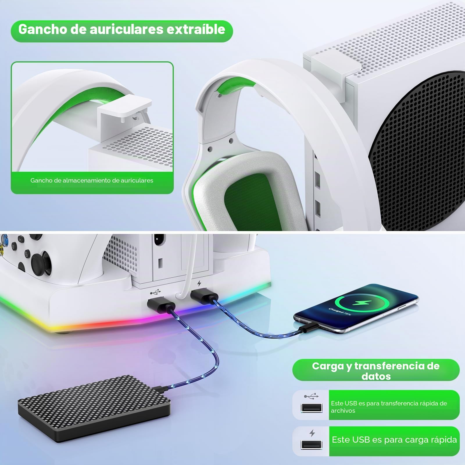 FYOUNG Estación de carga para consola Xbox Series S, accesorio de estación de carga de controlador vertical actualizado con 15 luces RGB, sistema de ventilador refrigerador, 2 baterías recargables de