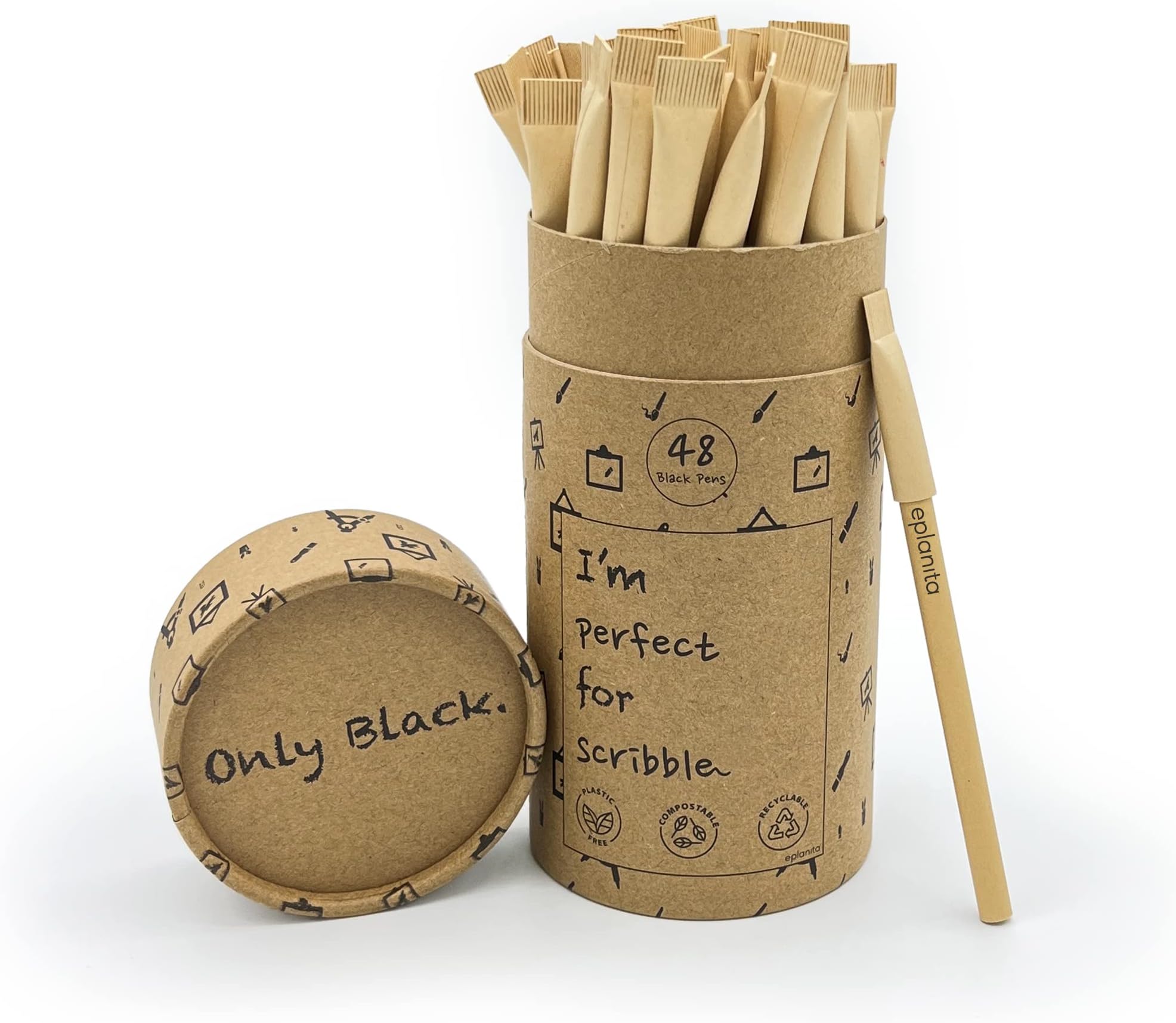 eplanita IโM PERFECT FOR SCRIBBLE โ Eco Friendly Pens (Pack of 48), Black Ink Ballpoint Biros, Sustainable Stationary Supplies, For Office or School, One Tree Planted