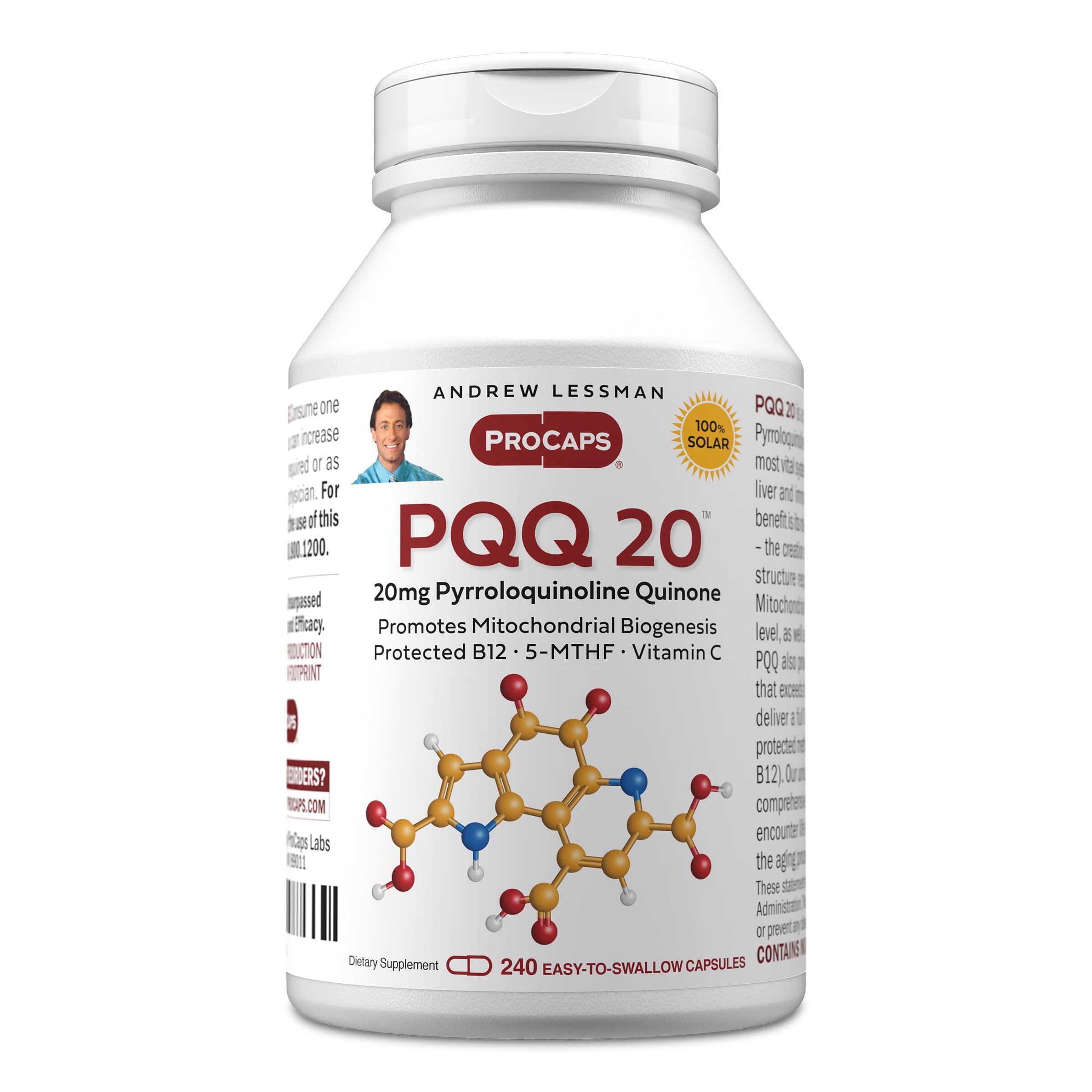ANDREW LESSMAN PQQ 20mg - 240 Capsules - 20mg Pyrroloquinoline Quinone, Natural Protective Compound Supports Vital Organs, Heart, Brain, Liver, Immune