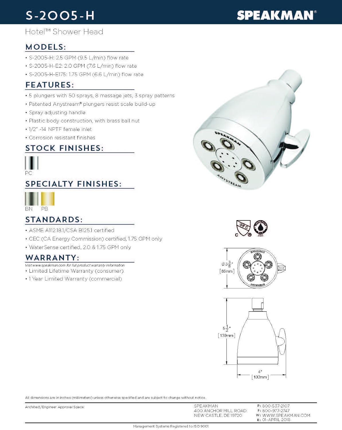 Speakman S-2005-H-E2 Hotel Anystream Shower Head for Stylish Bathroom Décor, 2.0 GPM, Chrome