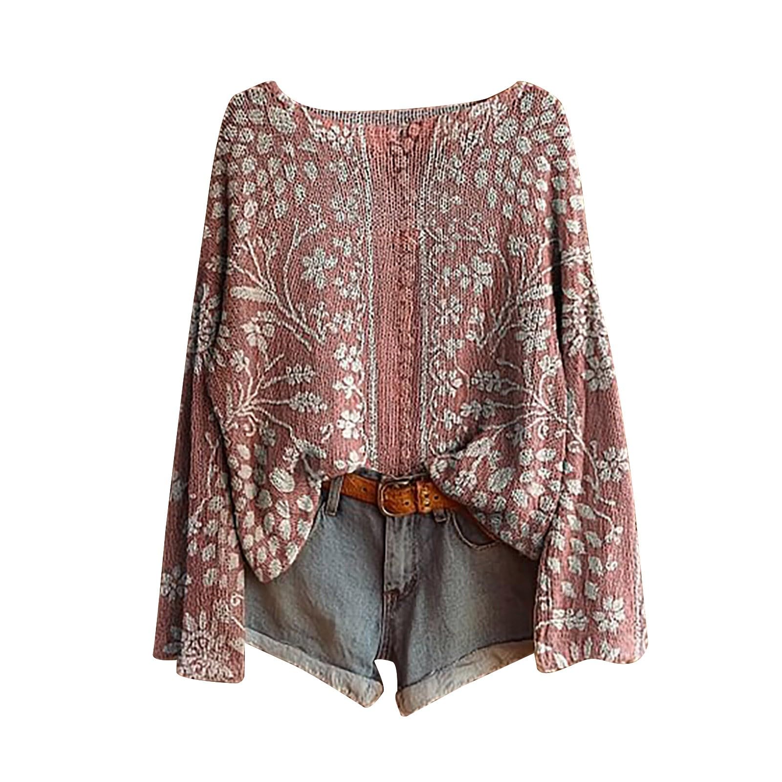 Womens Fall Sweaters Plus Size Boho Graphic Print Tops Long Sleeve Shirts Casual Outfits for Women 2025